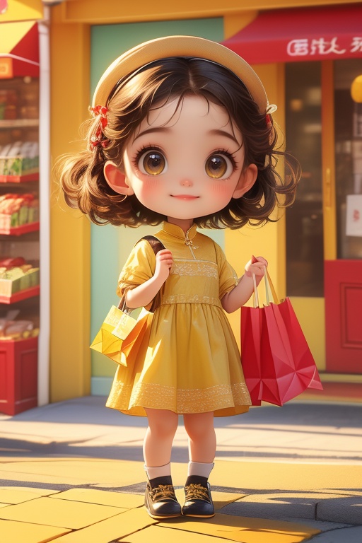 (masterpiece, top quality, best quality, official art, beautiful and aesthetic:1.2),1girl,chibi face,cute,wear yellow dress,front view,full body,happy,hold a shopping bag,guzhuang