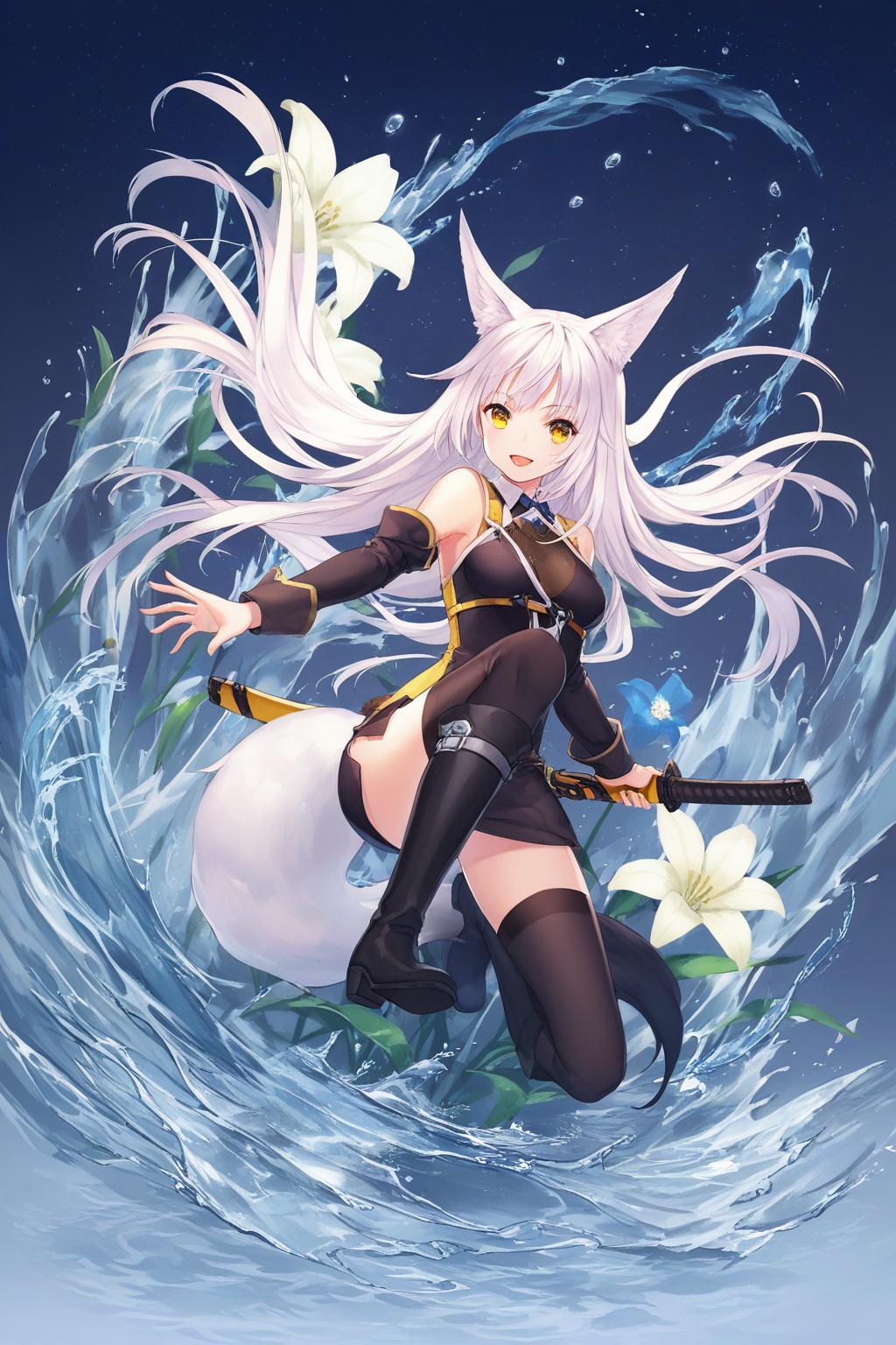 1girl,solo,animal_ears,weapon,thighhighs,sword,boots,long_hair,fox_ears,tail,fox_tail,open_mouth,flower,yellow_eyes,black_thighhighs,white_hair,water,smile,lily_\(flower\),looking_at_viewer,holding_sword,holding,holding_weapon,knee_boots,