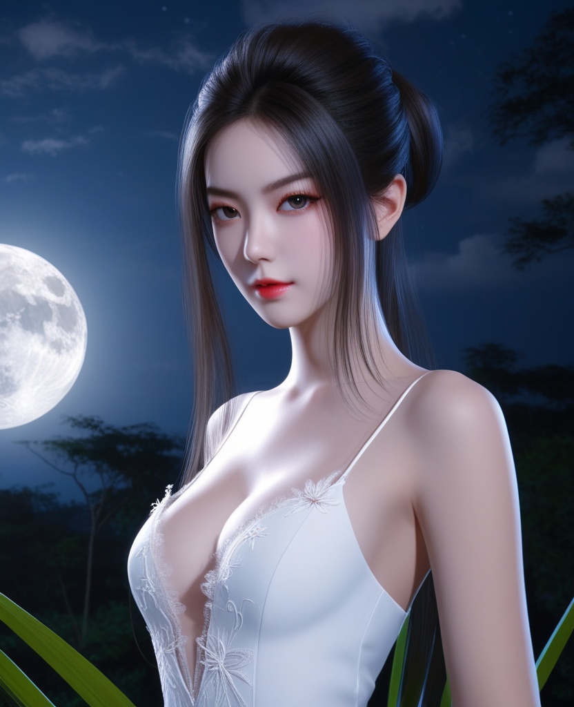 <lora:609-DA-XL-天行九歌-焰灵-水中:0.8>(,1girl, ,best quality, ),looking at viewer,  ,,ultra detailed background,ultra detailed background,ultra realistic 8k cg, ,masterpiece, spider lily,full moon, (cleavage), (),