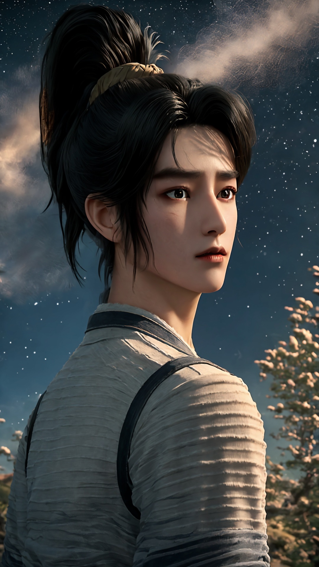 solo,black hair,looking at viewer,realistic,black eyes,lips,closed mouth,scar,short hair,ponytail,day,<lora:Chenpingan Boy_20240906021908:0.8>,1boy,<lora:20240601-1717253745719:0.7>,old,ponytail,<lora:hanfu_20231118200453:0.7>,upper_body,the top of the hill,starry sky,cumulus_fractus,full_armor,
