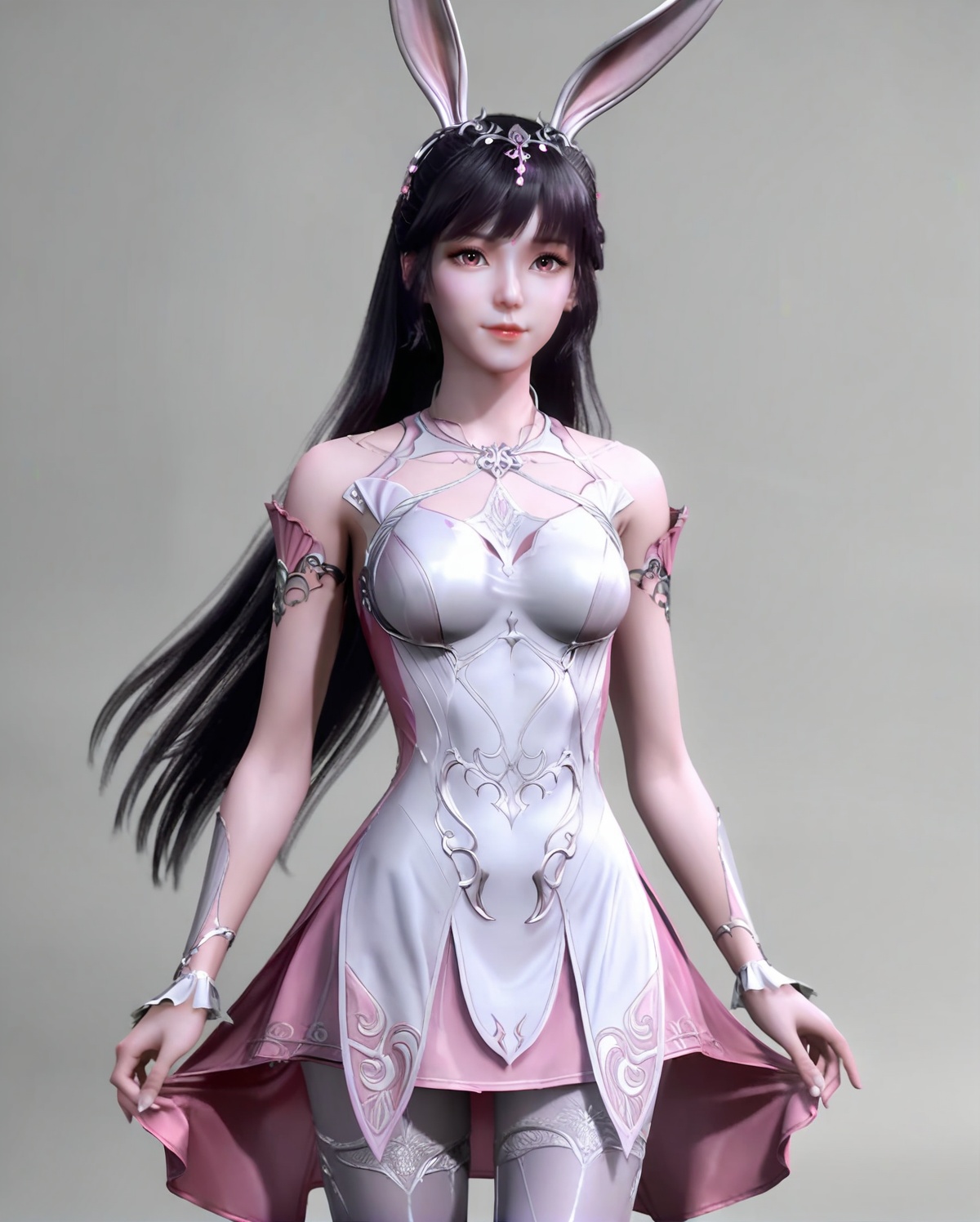 air_skin,white_skin,score_9,<lora:SF_XiaoWu_Pony_Realism-000004:0.7>,pink dress,black hair,long hair,hair ornament,rabbit ears,bangs,shiny,1girl,breasts,medium breasts,standing,pantyhose,solo,looking at viewer,simple background,cowboy_shot,