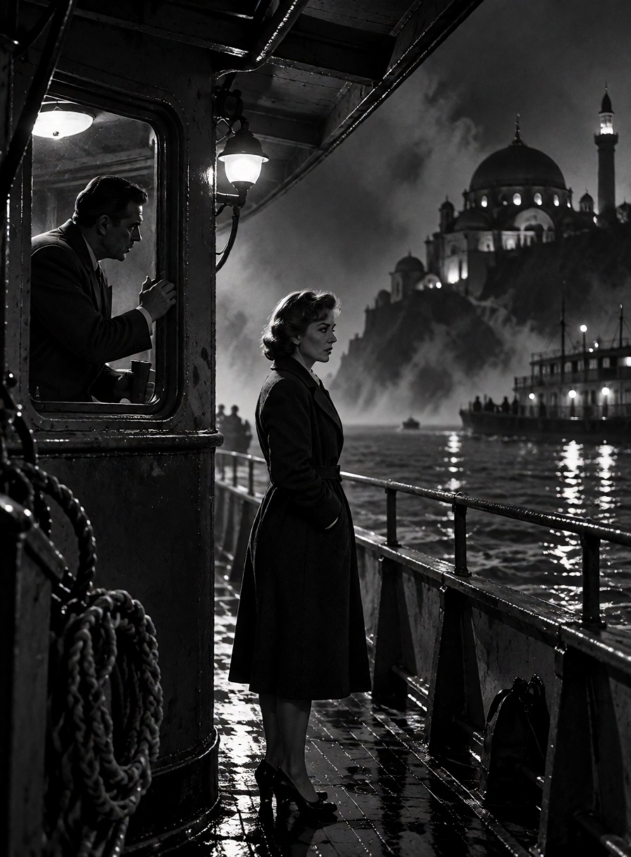 An ***** woman in a dark coat stands on a ferry deck,  watching a distant city disappear into fog. A man observes her from...