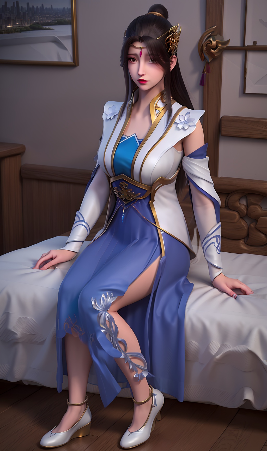 3D,masterpiece,(best quality),(makeup),official art, extremely detailed cg 8k wallpaper,((crystalstexture skin)), (extremely delicate and beautiful),(highly detailed),(face),(tiara),(collar),(tiara),(long_sleeves)(1girl), (solo), (jewelry), (earrings),(black_hair),(long_hair),(hair_ornament),(handwear),(breasts),(sitting),((full_body,whole_body)),(long_legs),(dress),(closed_mouth),(long_dress),(long_skirt),,(chinese_clothes),(multicolored_clothes),(multicolored_dress),(shiny_clothes),(city,indoor,bed),(wristband),,((looking_at_viewer)),((Facing the camera)),(shoes), (white_footwear),, <lora:hipoly3DModelLora_v10:0.3>