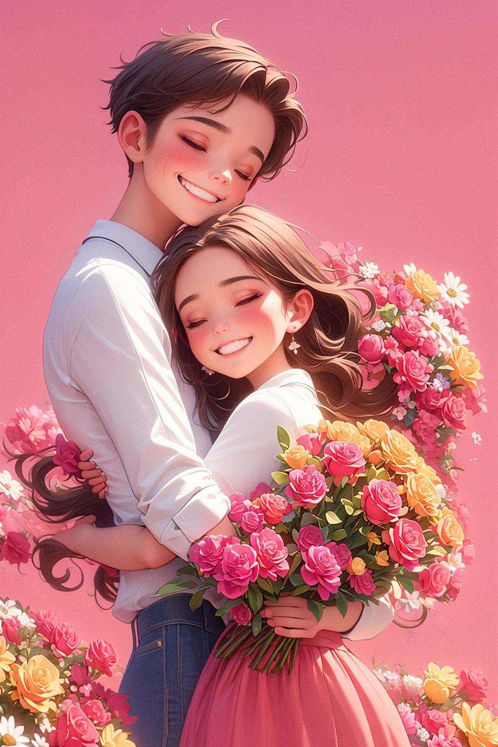 1girl,long_hair,blush,smile,short_hair,simple_background,brown_hair,shirt,1boy,dress,holding,jewelry,closed_eyes,white_shirt,flower,hetero,earrings,pants,grin,hug,rose,black_pants,pink_background,couple,white_flower,red_flower,pink_dress,red_background,pink_flower,bouquet,yellow_flower,holding_bouquet,yellow_rose,