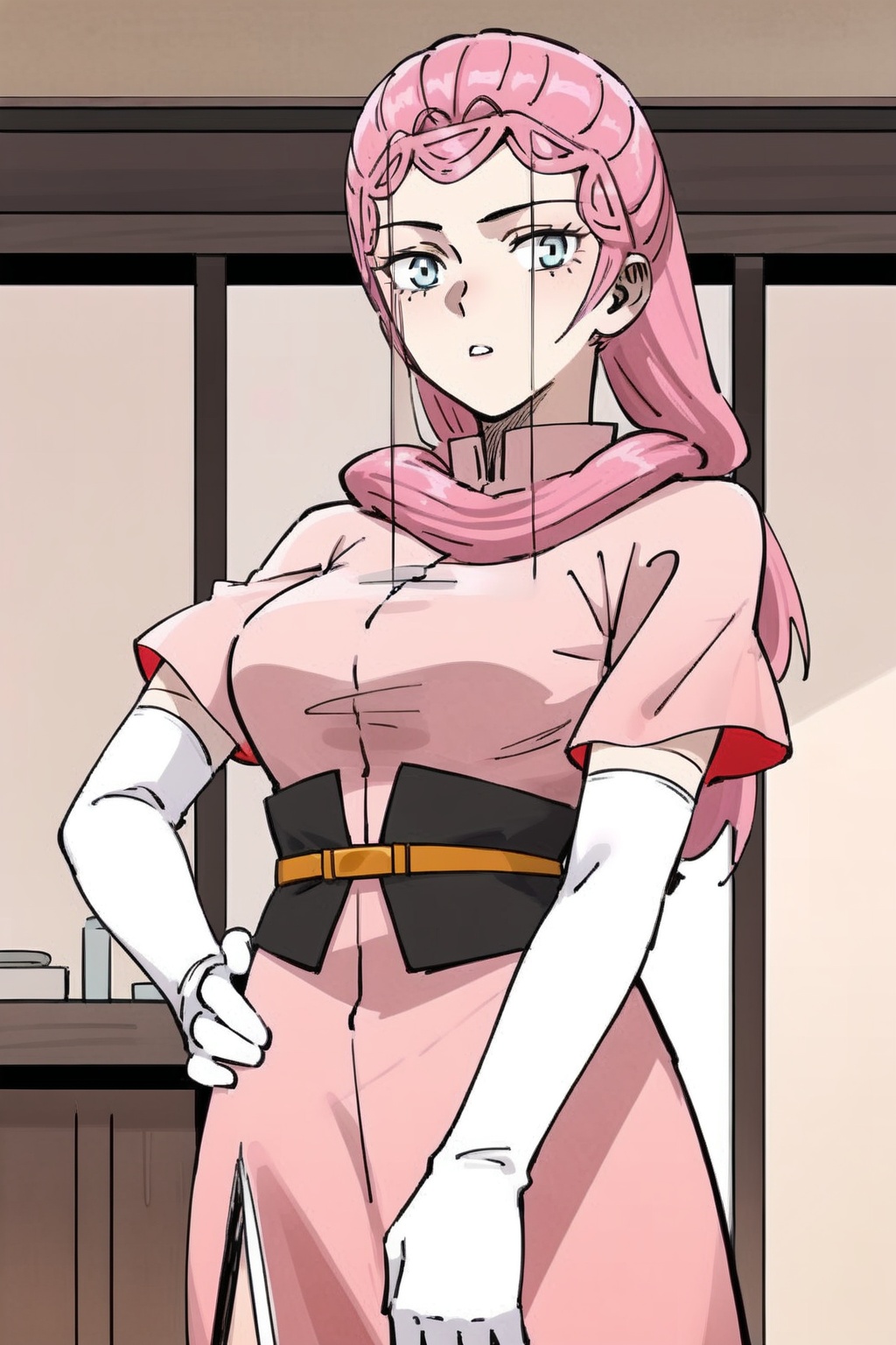 ,lyy,1girl,solo,long hair,breasts,gloves,standing,pink hair,short sleeves,cowboy shot,elbow gloves,belt,indoors,white gloves,hand on hip,<lora:龙羽音pony (5):1>
