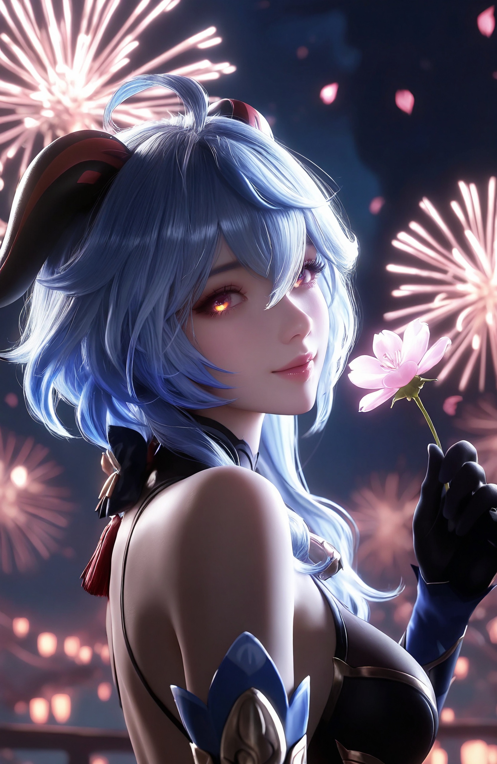 masterpiece, best quality, amazing quality, newest, 1girl, Ganyu Genshin Impact, Twilight Blossom, glowing eyes, lips, thin lips, solo, looking at viewer, charming smile, holding flower, chupa chups, upper body, from below, back lighting, dark, multicolored background, masterpiece, cherry blossom, best quality