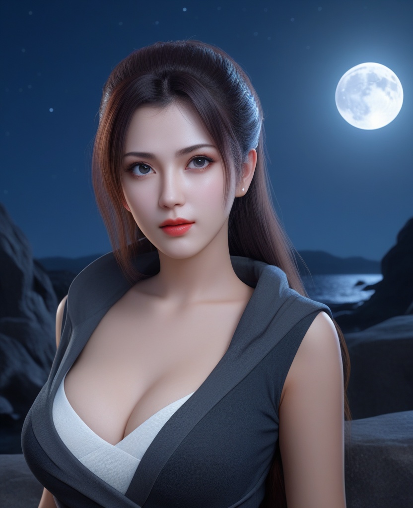 <lora:577-DA-XL-斗破苍穹-云韵-黑服:0.8>(,1girl, ,best quality, ),looking at viewer,masterpiece, (( , )),, realistic,science fiction,mole, ultra realistic 8k cg, full moon, (cleavage), (),