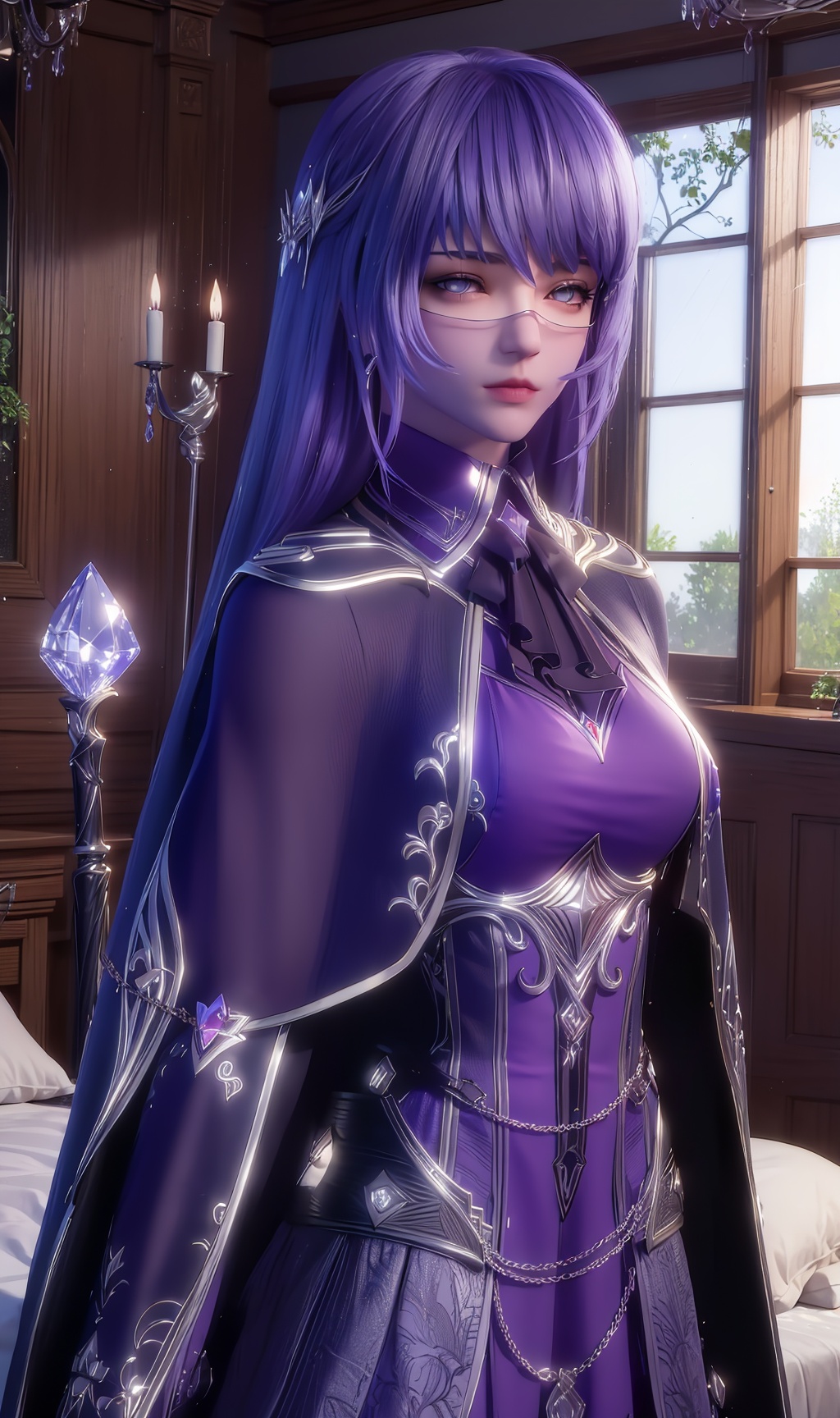 masterpiece,(best quality),official art, extremely detailed cg 8k wallpaper,((crystalstexture skin)), (extremely delicate and beautiful),highly detailed,1girl,solo,long hair,headwear,(standing),(purple hair),((dress)),((veil)),(overcoat,mace)((upper body)), (medium breasts),((hair_ornament)),armor,(sunshine, indoor,(bed)),((looking_at_viewer)), <lora:hipoly3DModelLora_v10:0.3> <lora:枫岫-神印王座-圣采儿00:0.7>