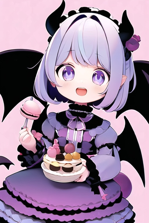 CH,high contrast,1Girl,solo,looking at the audience,blue blue smile,short hair,open mouth,bangs,black hair accessories,long sleeves,black and red Gothic Lolita,bow,holding,jewelry,headband,food,demon wings,demon tail,Lolita fashion,Gothic Lolita,Lolita headband,macaron,purple background,
