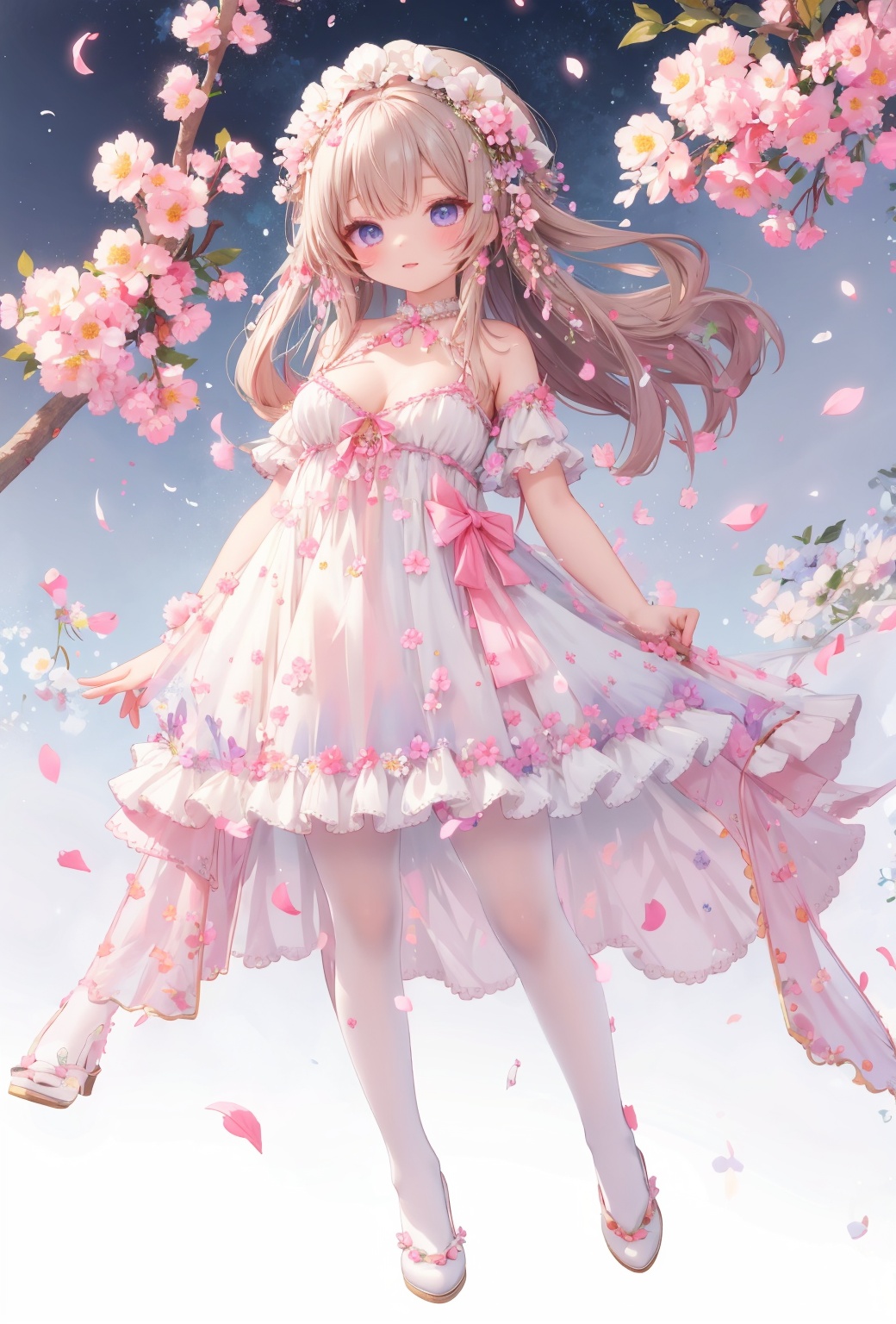 masterpiece,best quality,absurdres,1girl,solo,beautiful detailed girl,fine and beautiful detailed skin,dress,full body,white legwear,perky breasts,glowing petals,floating petals,floating object petals,frills,layered,extremely detailed beautiful background,CG,8K wallpaper,floral_background,<lora:royta v1.1:0.4>,