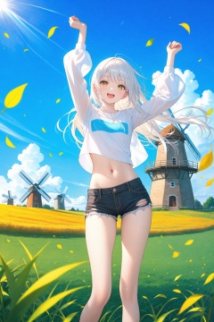 (masterpiece),(best quality),illustration,ultra detailed,hdr,Depth of field,(colorful),1girl,solo,outdoors,shorts,sky,long hair,cloud,navel,falling leaves,cutoffs,arms up,crop top,smile,grass,windmill,midriff,day,black shorts,long sleeves,floating hair,stomach,wind,blue sky,standing,open mouth,shirt,short shorts,denim,white hair,white shirt,yellow eyes,:d,torn shorts,feet out of frame,looking at viewer,denim shorts,leaf,thighs,