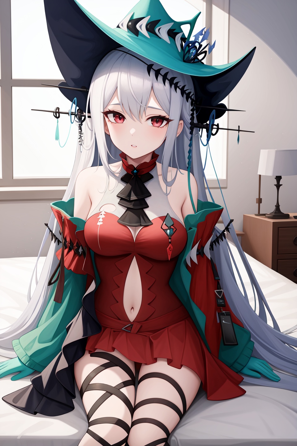 <lora:skadi2-000012:1>,skadi,1girl,skadi the corrupting heart \(arknights\),skadi \(arknights\),solo,official alternate costume,navel,looking at viewer,parted lips,hat,sitting on bed,bedroom,indoors,( :1.2), 1girl,,  (masterpiece,best quality:1.2),absurdres