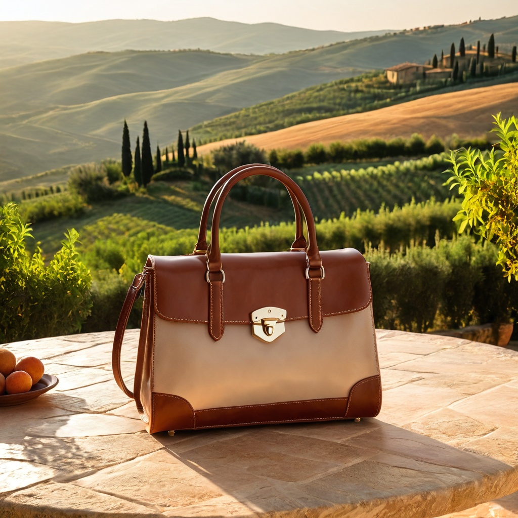 scenetuscastone,  a leather handbag,  Tuscan stone terrace table on Tensor.Art