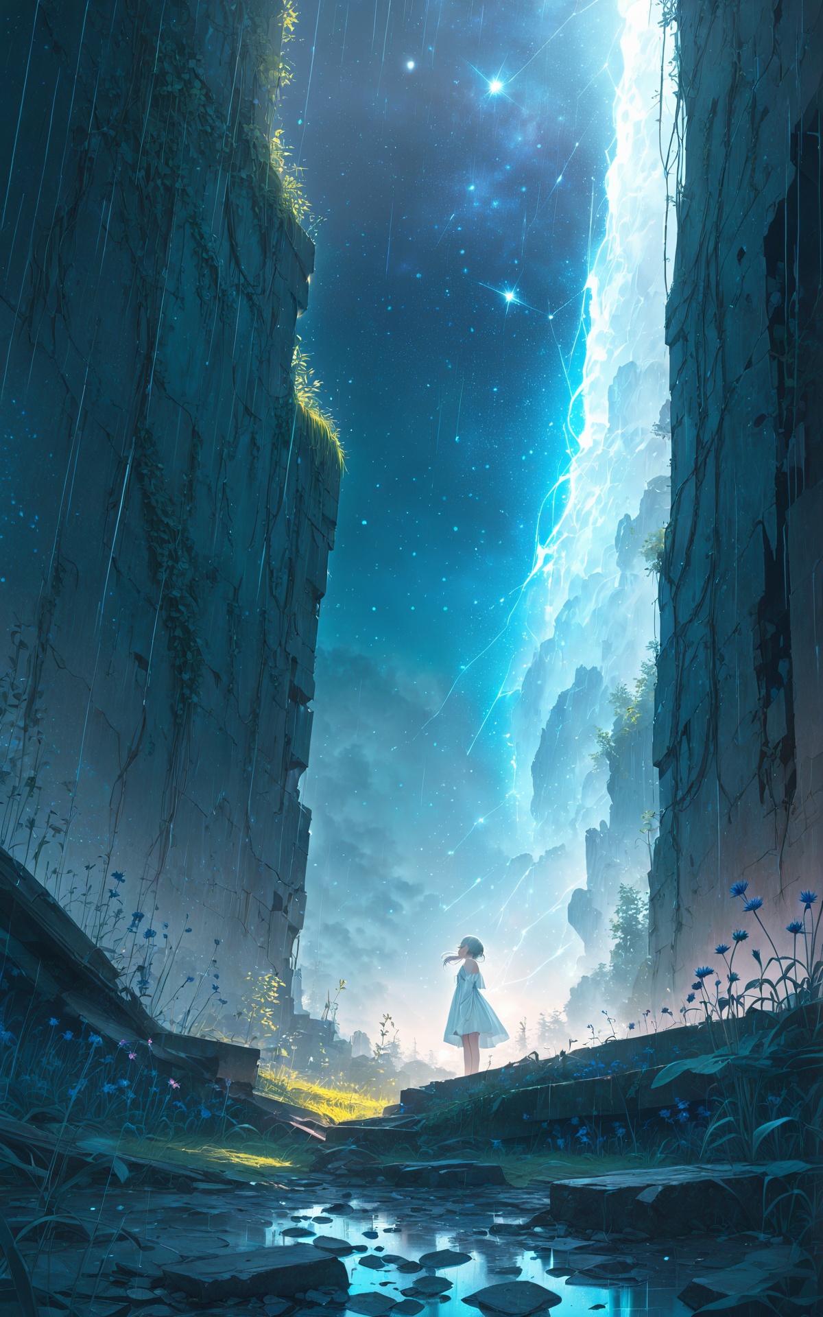 (masterpiece),(best quality),illustration,ultra detailed,hdr,Depth of field,(colorful),In the dark of the late night,under a light rain,a solitary figure stands amidst the ruins of a forest. Cornflowers dot the damp ground,while vines creep around broken walls. The picture is blurred,with a lens flare effect adding to the surreal atmosphere. The scene is illuminated with HDR lighting,enhancing its mystique. The surroundings are wet and damp,with broken glass scattered around. The aqua theme is apparent in the color scheme. The figure,a girl with white hair,stands with bare shoulders,wearing a white dress and a white robe. She blinks with closed eyes,her expression serene as she looks up at the sky. Constellations adorn the flat-colored sky above. The girl's hair is styled in a braid,and she stands alone,embodying a sense of calm amidst the surreal setting.,
