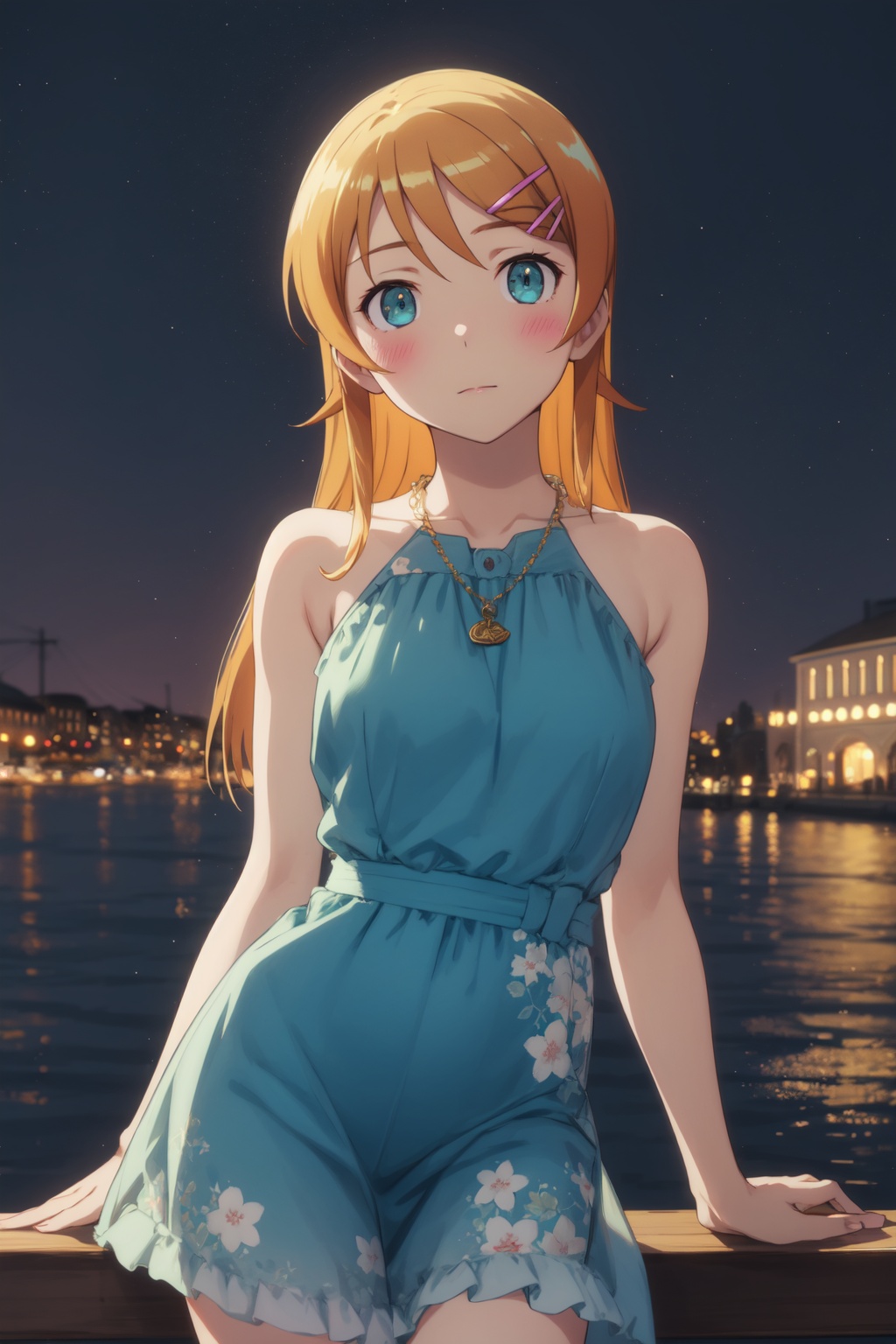 <lora:Kirino-000005:0.8>,Kirino cyql,1girl,looking at viewer,solo,long hair,orange hair,hairclip,hair ornament,aqua eyes,blush,necklace,jewelry,Glamorous sequin cocktail dress with a halter neckline and an open back,Confused, Wide-open eyes, a slightly furrowed brow, and a slightly open mouth.,full_shot,beautiful face,beautiful eyes,glossy skin,shiny skin,Plankton, Bioluminescent, Bay, Night, Water, Glow, Serenity, Magic,(Cherry blossoms, Magnolia trees, Park benches, Joggers, Urban skyline, Afternoon sun:0.6),beautiful detailed sky,beautiful detailed glow,posing in front of a colorful and dynamic background,masterpiece,best quality,beautiful and aesthetic,contrapposto,female focus,wallpaper,fashion,