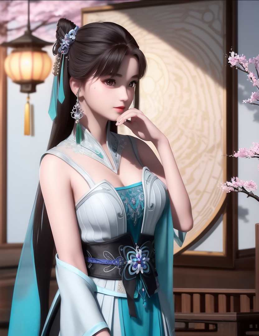 ultra realistic 8k cg, picture-perfect face, flawless, clean, masterpiece, professional artwork, famous artwork, cinematic lighting, cinematic bloom, perfect face, beautiful face, fantasy, dreamlike, unreal, science fiction,  beautiful clothes, lace, lace trim, lace-trimmed legwear,  (rich:1.4), prestige, luxury, jewelry, diamond, gold, pearl, gem, sapphire, ruby, emerald, intricate detail, delicate pattern, charming, alluring, seductive, erotic, enchanting, hair ornament, necklace, earrings, bracelet, armlet,halo((,1girl, ,))(((,teenage,full moon,lantern, cherry blossoms, 1girl, tree, spring_\(season\), solo, black_hair,chinese clothes,looking at viewer, upper body, ))) <lora:DA_LanLingEr:0.6>