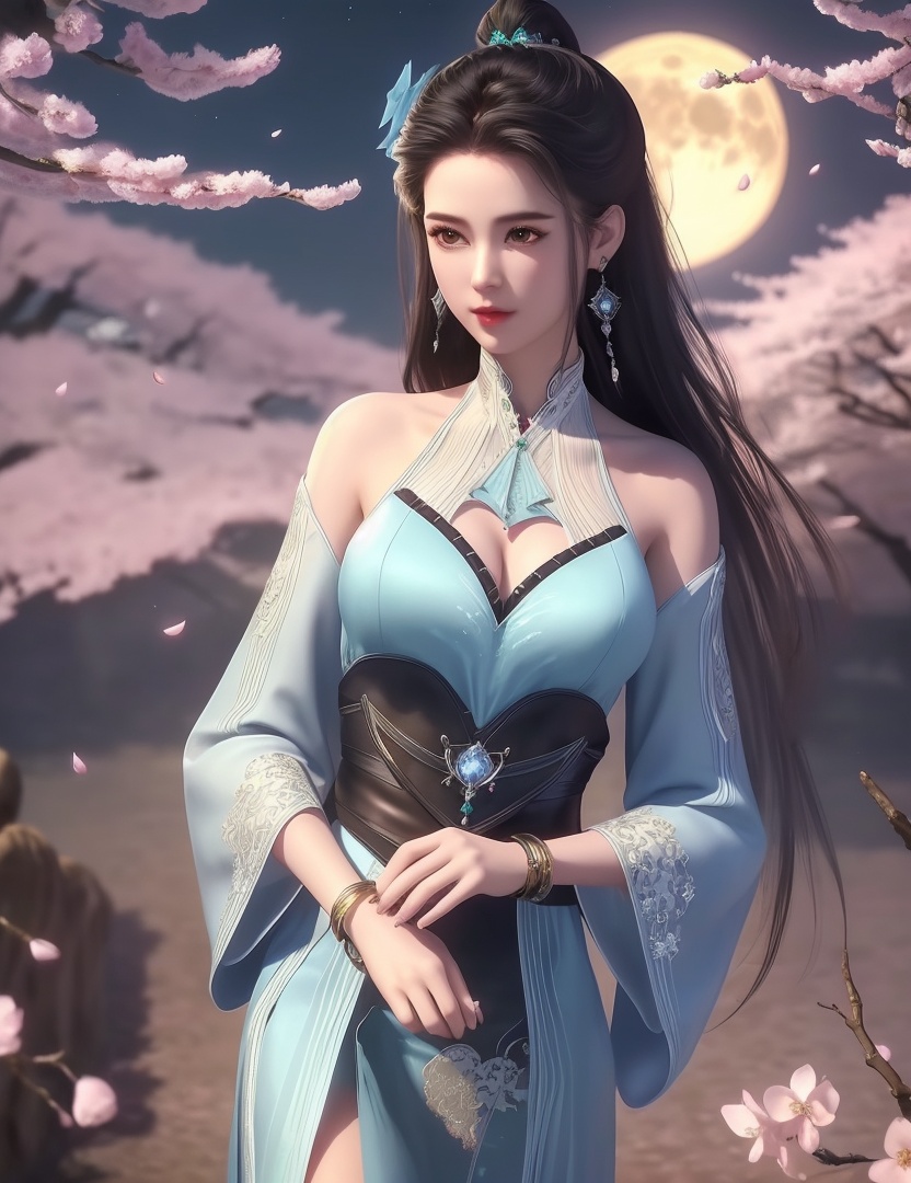 ultra realistic 8k cg, picture-perfect face, flawless, clean, masterpiece, professional artwork, famous artwork, cinematic lighting, cinematic bloom, perfect face, beautiful face, fantasy, dreamlike, unreal, science fiction,  beautiful clothes, lace, lace trim, lace-trimmed legwear,  (rich:1.4), prestige, luxury, jewelry, diamond, gold, pearl, gem, sapphire, ruby, emerald, intricate detail, delicate pattern, charming, alluring, seductive, erotic, enchanting, hair ornament, necklace, earrings, bracelet, armlet,halo((,1girl, ,))(((,,full moon,cherry, cherry blossoms, 1girl, tree, spring_\(season\), solo, black_hair,chinese clothes,looking at viewer, upper body, )))  <lora:DA_LanLingErAdult:0.6>