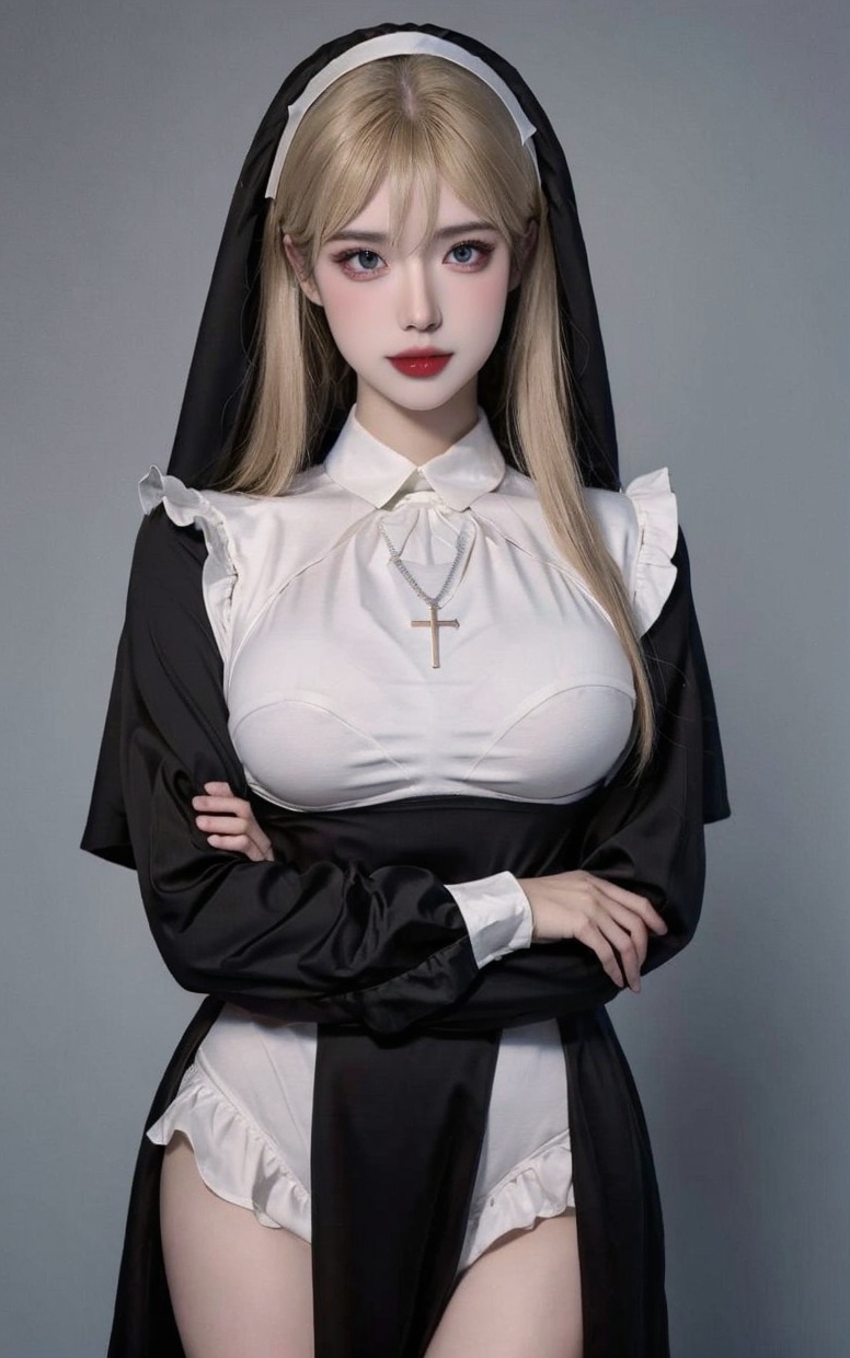 (masterpiece, best quality:1.4),finely detailed,1girl,solo,pale skin,perfect body,standing,(large breasts:1.3),<lora:killer修女制服v2-000006:0.8:1,1,1,1,1,0.8,0.6,0,0.6,0.6,0.8,0,0,0,0,0,0>,killer,(cowboy_shot:1.2),black dress,blonde hair,cross necklace,dress,jewelry,killer,nun,pelvic curtain,veil,