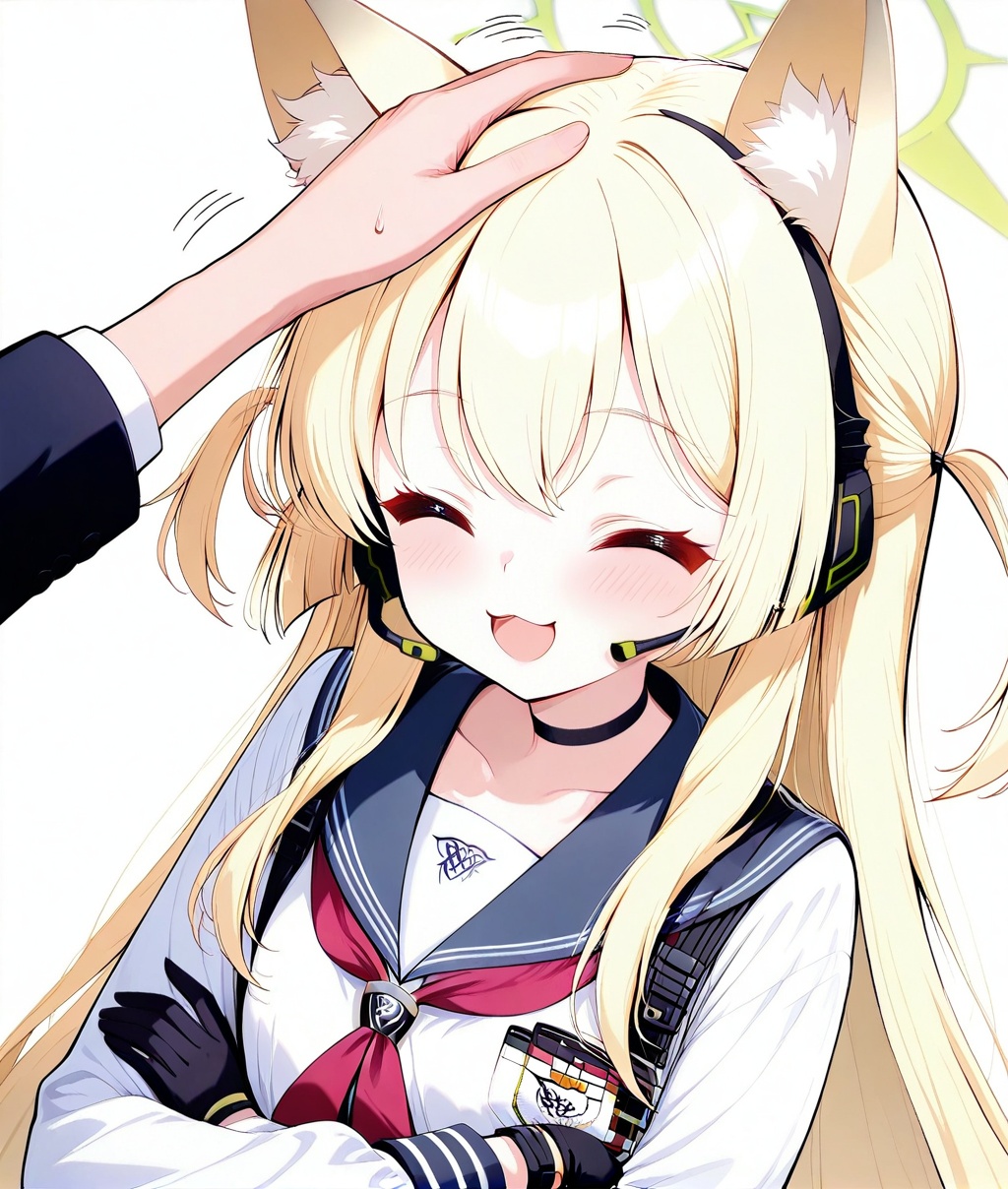 O,ultra detailed anime texture,Kurumi(blue archive),Kurumi(blue archive),1girl, animal ears, blonde hair, headpat, long hair, closed eyes, school uniform, gloves, open mouth, headset, choker, crossed arms, long sleeves, simple background, red neckerchief, serafuku, white background, smile, blush, bangs, skirt, solo focus, neckerchief, black gloves, :3, animal ear fluff, sailor collar, fox ears, hair between eyes, black choker, pleated skirt, hand on another's head, blue skirt, :d,(aesthetics ),masterpiece,best quality,ultra high definition,32K resolution,clear focus,delicate details,high-end texture,fashion photography,film perspective,rich colors,color palette,advertising style,tension composition,masterpiece,mild atmosphere,latest,dynamic Dutch perspective,transparent composition,magazine cover,cover,