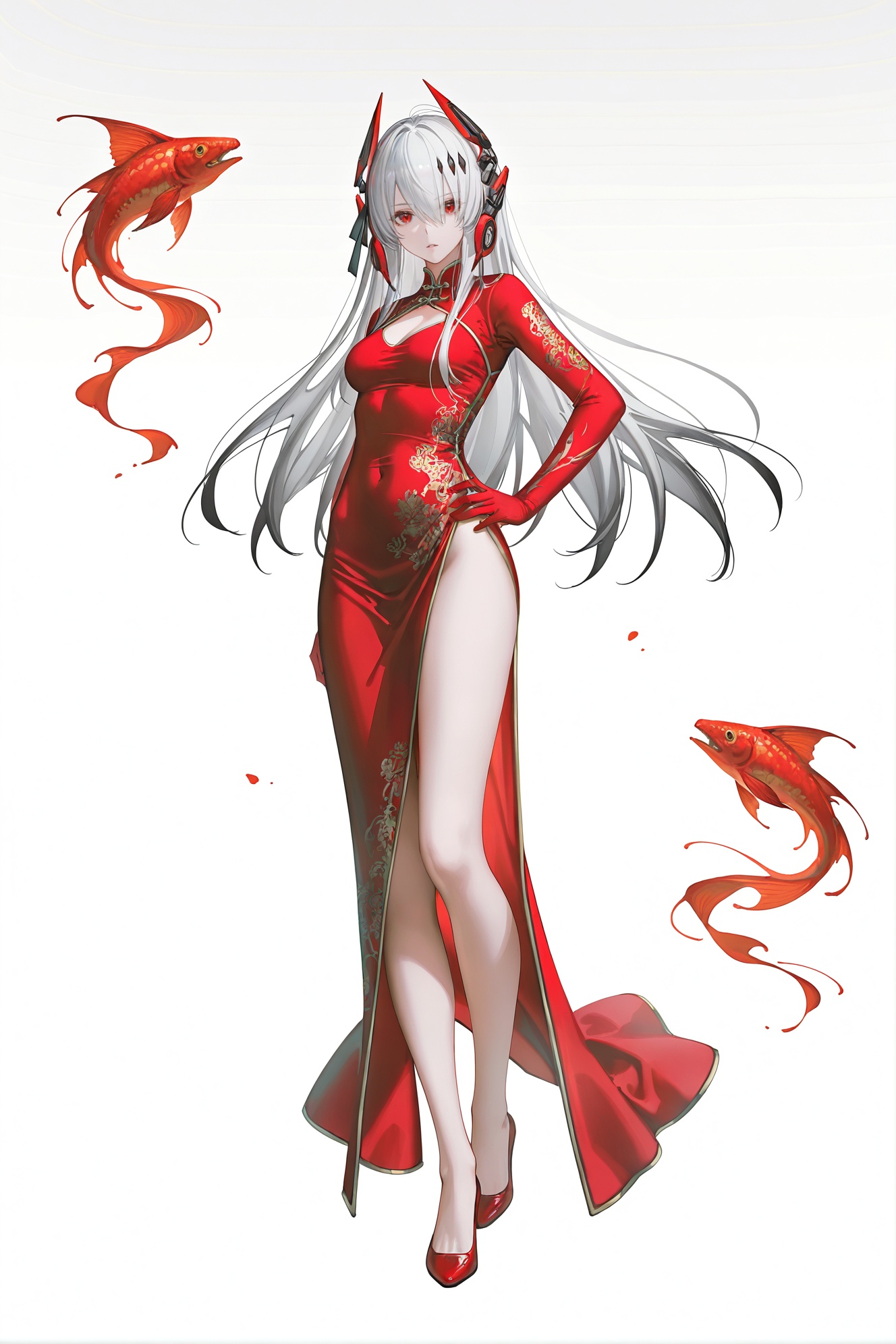 best quality,masterpiece,(ultra-detailed),(high detailed skin),((artist:reoen), (artist:torino_aqua),year 2024:0.8)1girl,[artist:wlop],[artist:ningen_mame],artist:ciloranko,[[artist:rhasta]],artist:tidsean,artist:iumu,full body,full shot,standing,looking at viewer simple background,(white background:1.2),hand on own hip,(white background:1.1),<lora:luciaCA-ill-Tanger:0.8>,Lucia \(Crimson Abyss\),1girl,long hair,red eyes,China dress,red qipao,red china dress,