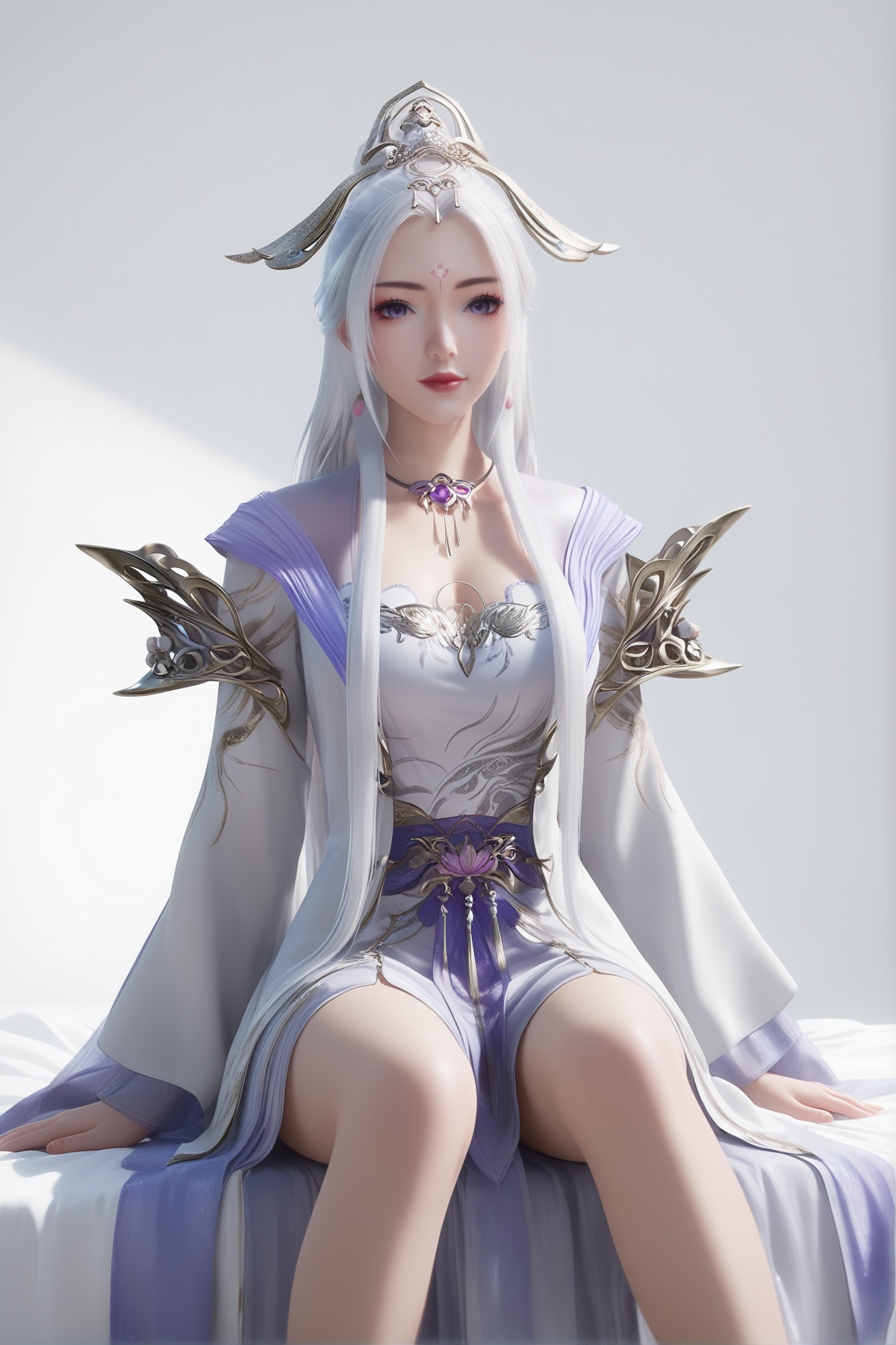masterpiece,best quality,realistic,cinematic,detail eyes,(ultra-detailed),perfect composition,intricate details,absurdres,detailed face,high quality,high res,8K,<lora:X_mengqianqiu_IL3.0:0.8>,white hair,purple eyes,forehead mark,1girl,long hair,breast,medium breast,hair_ornament,dress,white_dress,bare_legs,sitting,simple background,white_background,bed,looking_at_viewer,