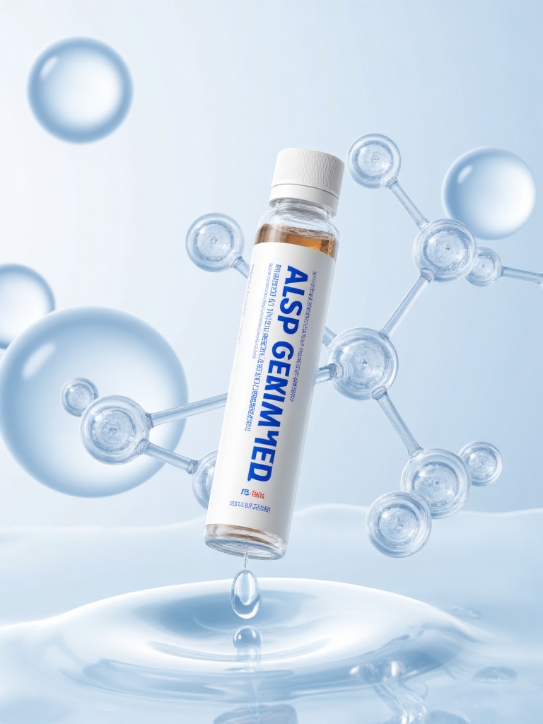 The screen displays a transparent bottle of fish gelatin protein tripeptide beverage, with product names such as "Airway Cake Flavor" and "Fish gelatin protein tripeptide beverage" labeled on the bottle body, as well as "Fermentation" process and specification information of "Net Content: 25mL". The blue text on the transparent bottle is particularly eye-catching, and the small amount of liquid remaining at the bottom of the bottle presents a dynamic dripping effect. The product is surrounded by a transparent molecular structure model, with a soft light blue background adorned with bubble elements, creating a visual effect of the integration of technology and nature as a whole. Through the scientific decoration of molecular models, special labeling of fermentation processes, and dynamic liquid display, the healthy properties of this functional beverage rich in fish gelatin tripeptides are perfectly presented
