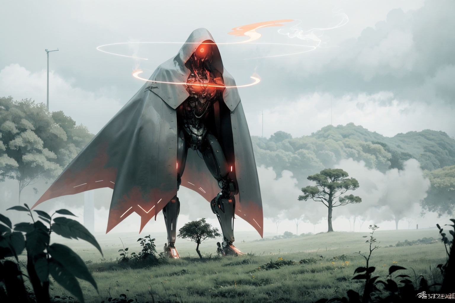 -nature, forest, smoke, solo, robot, tree, holding, fog, glowing, no humans, standing, science fiction, humanoid robot, outdoors, plant,<lora:Apocalypse Aso_20240119162949:1>,Apocalypse Aso,