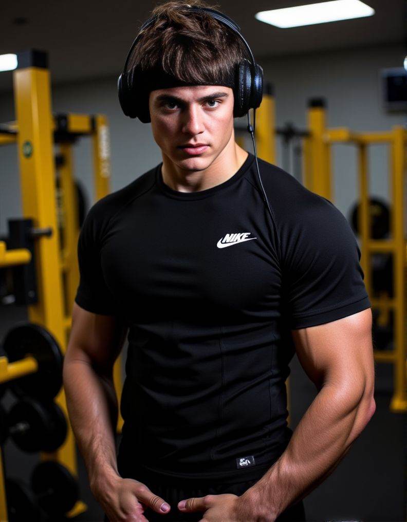 Pietro Boselli ,  A detailed low-angle image. in exceptional quality. He is in a gym with a predominance of black and a li...