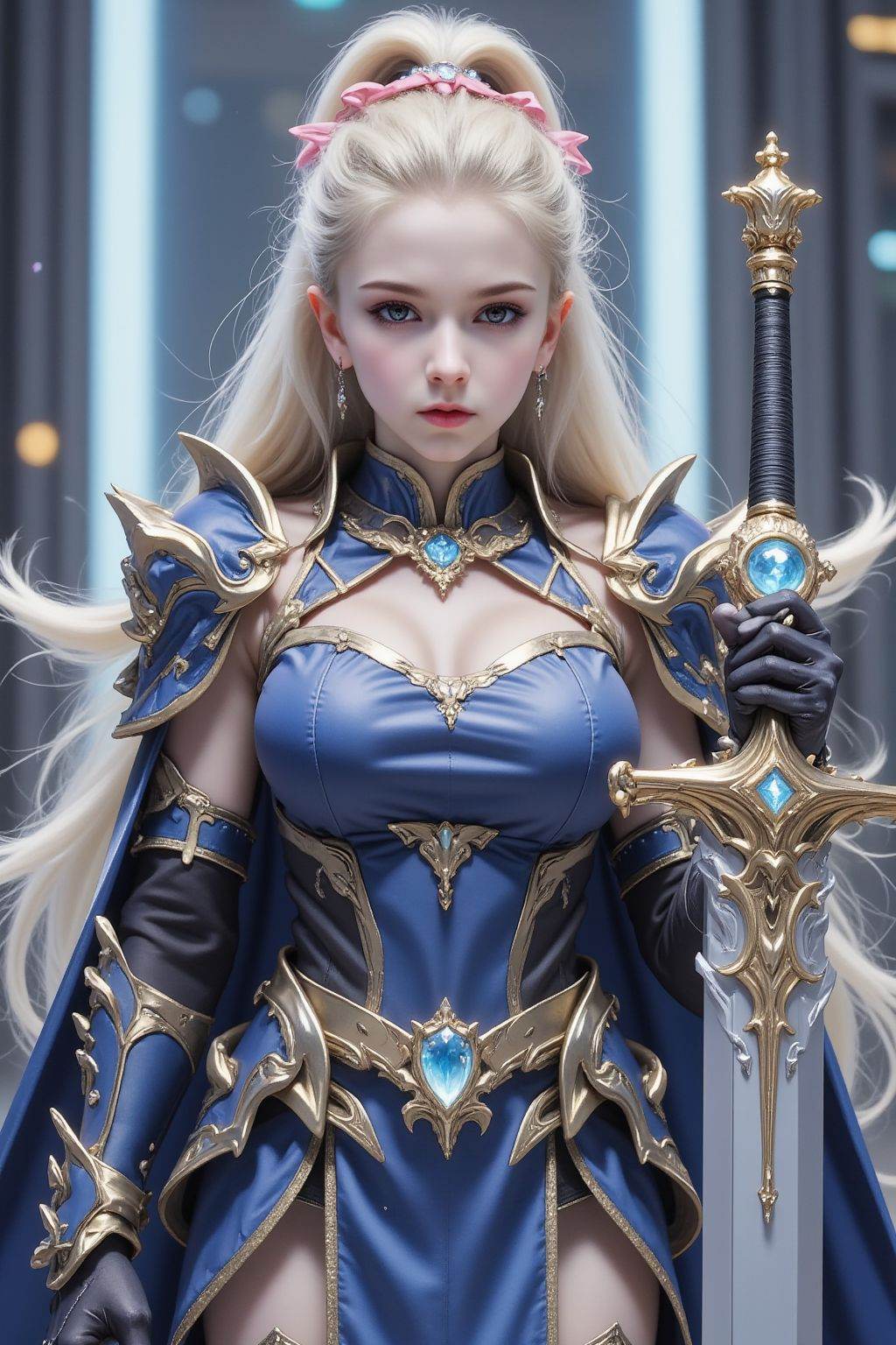 stylized girl with long hair tied in a high ponytail adorned with a pink ribbon and breasts. The character is dressed in intricate blue armor with gold accents,including a cape and gauntlets and skirt. They are holding a large ornate sword with a glowing gem orb at its hilt,which is a focal point of the image. The background features a futuristic,high-tech environment with vertical structures and glowing lights,suggesting a sci-fi setting. The character's expression is serious and determined,adding to the overall impression of strength and readiness for action., <lora:20250919_AgainForeignGirlF1Lora:1> <lora:AgainClothesSliderF1_NSFW:2>