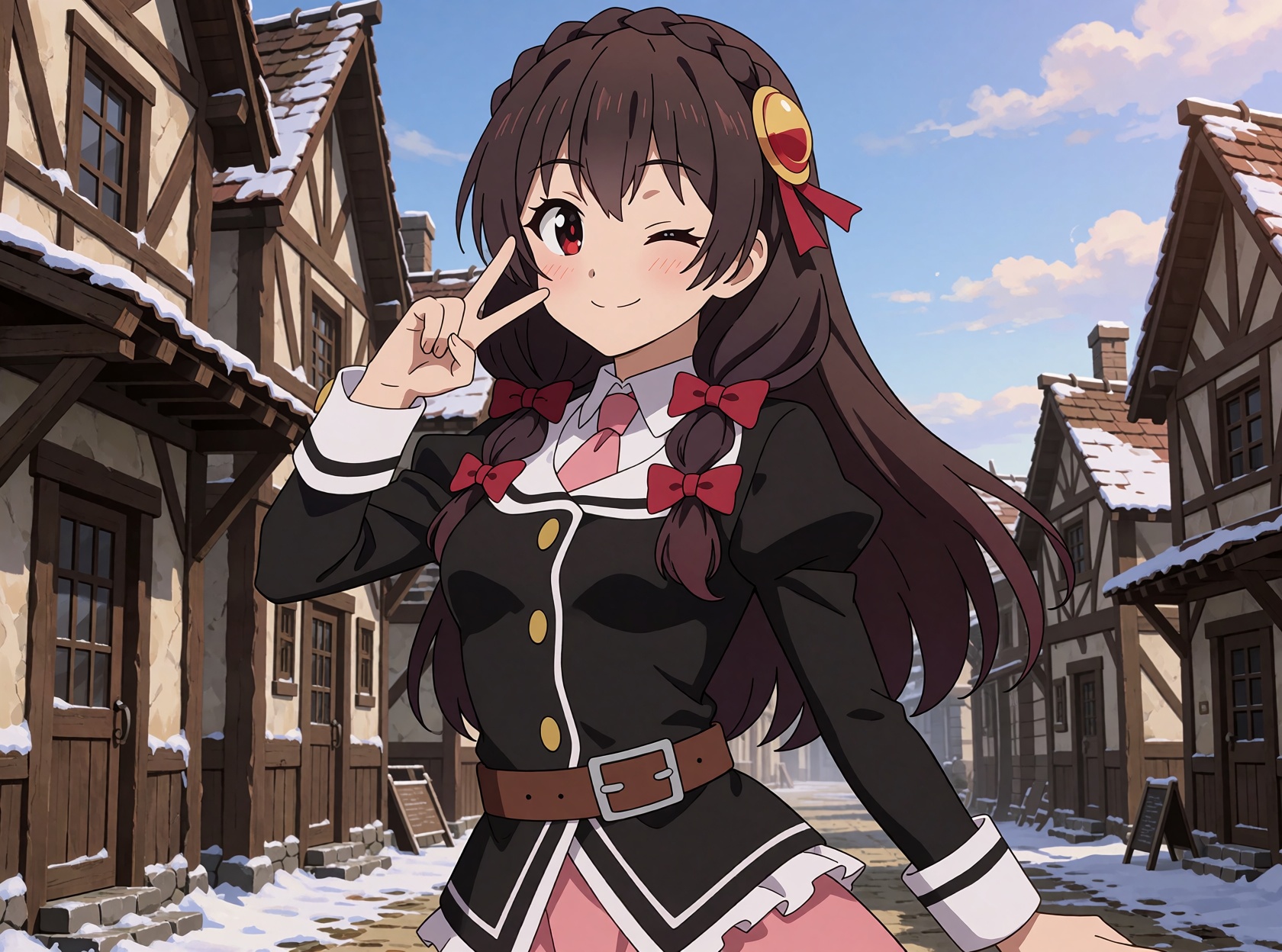 Yunyun,  a young ***** from KonoSuba,  stands in a three-quarter view. Long dark brown hair with bangs on Tensor.Art