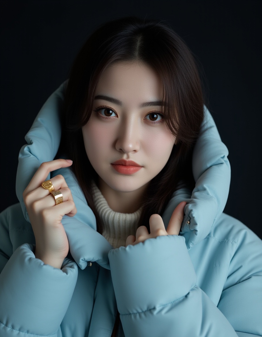This is a photograph of a young Asian woman with fair skin, dark brown hair, and expressive eyes. She wears a light blue, puffy winter coat with a hood that she holds up with her left hand, revealing a gold ring on her ring finger. The background is dark, emphasizing her face and the texture of the coat. The image captures a sense of mystery and calm.