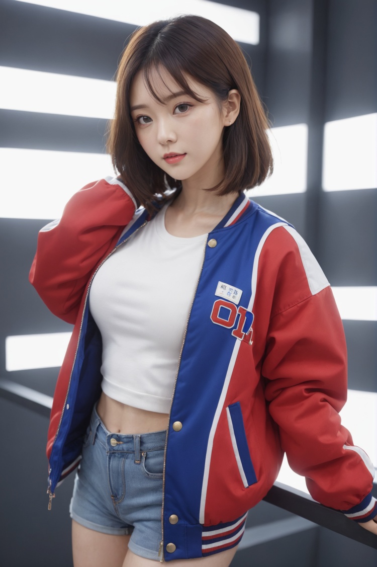 1 girl,solo,korean_text,clear skin texture,colorful,masterpiece,best quality,absurdres,medium breasts,full_shot,letterman_jacket,