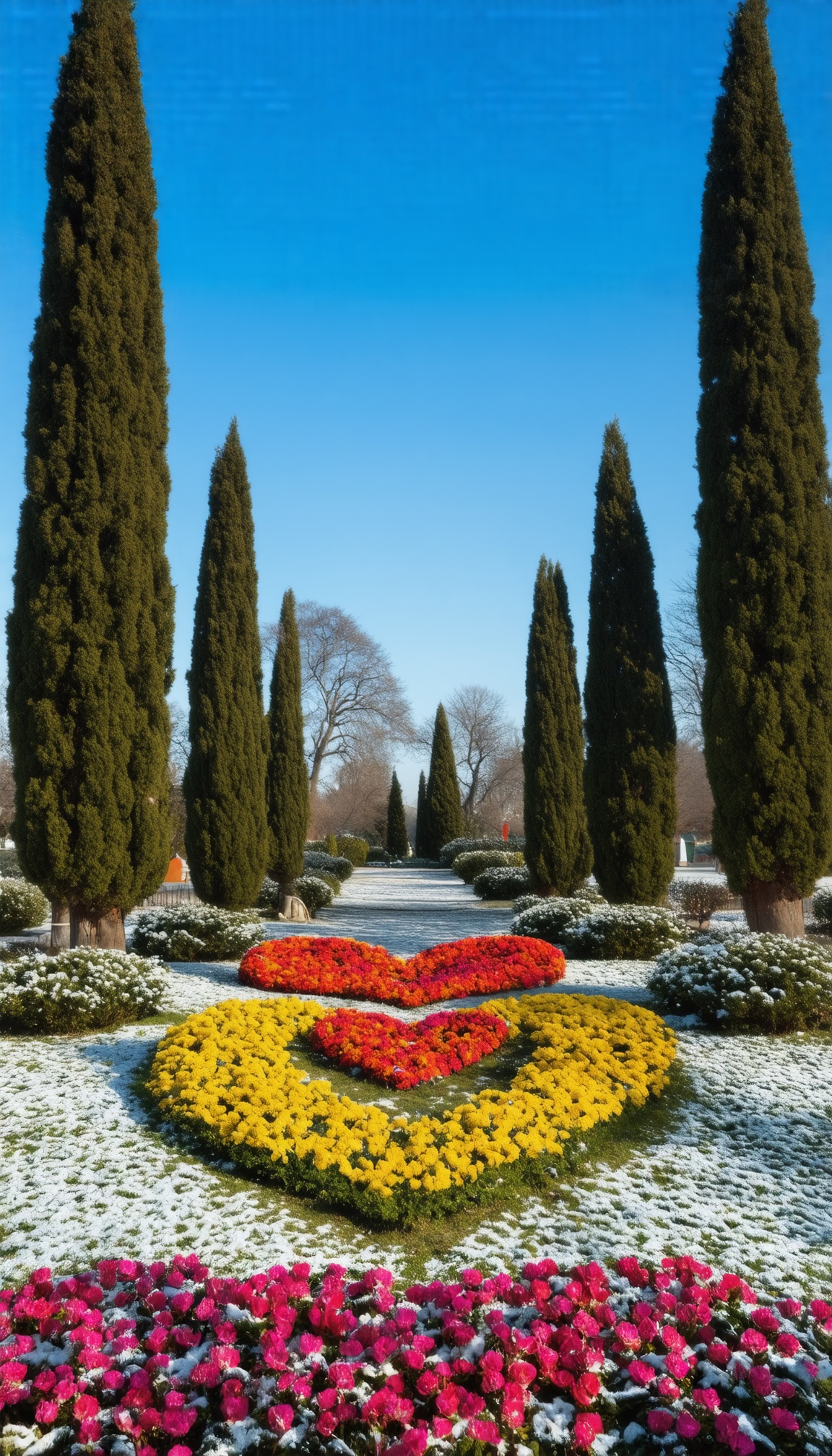 The image is a photograph of a beautiful garden with a clear blue sky in the background. The garden is covered in white sn...