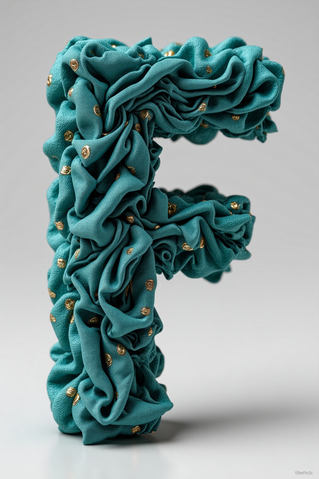 beijihui,The image features a 3D model of a letter "F" **** from a fabric-**** material. The "F" is composed of multiple layers of teal-colored fabric,intricately folded and draped to create a textured and dynamic appearance. The fabric is adorned with small golden patterns,adding a subtle contrast to the teal color. The background is a plain,neutral gray,which helps to highlight the vibrant teal and golden tones of the "F".,