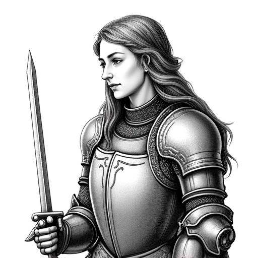 A female knight in detailed armor,  probably Joan of Arc holding a s. The image has a high contrast and a detailed drawing...