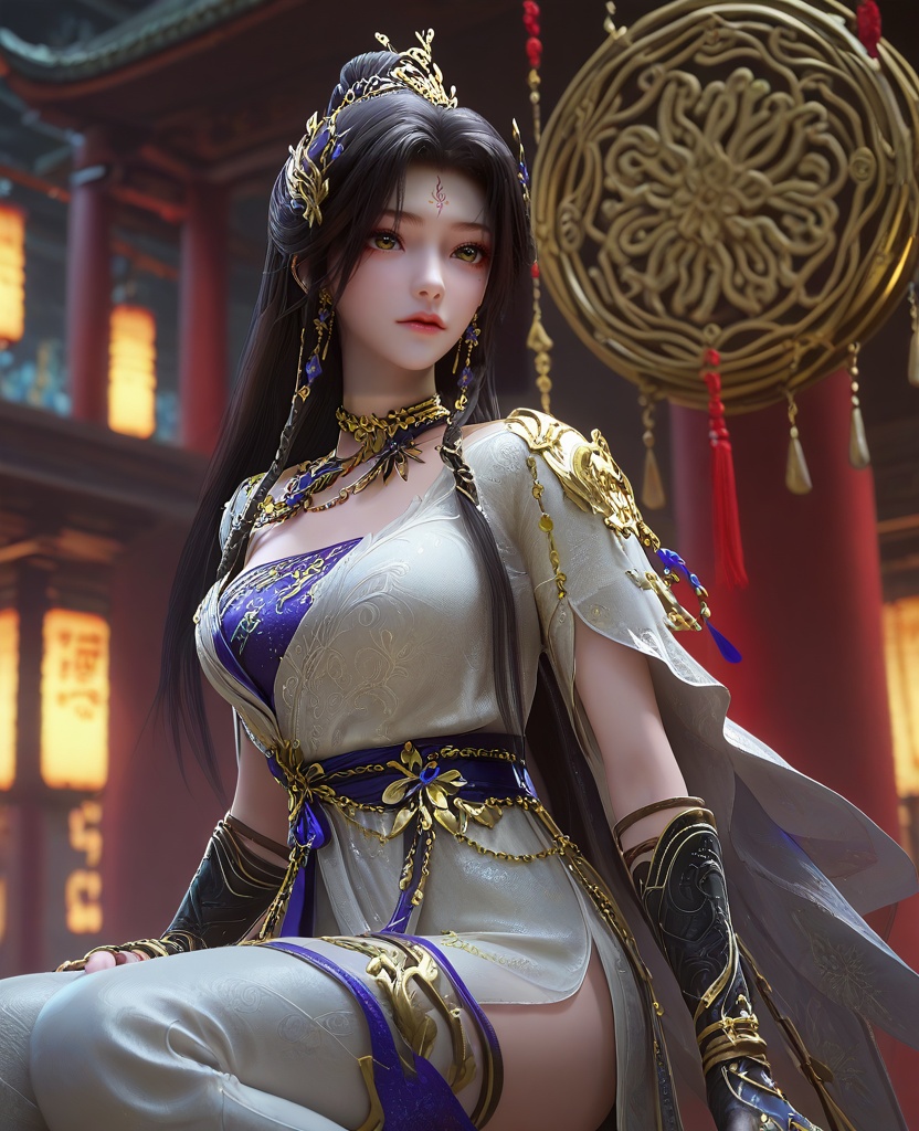 (oriental architecture, elegant decor, sophisticated style:1.1),(Thighs crossed, hands on knees,:1.1),(cropped legs:1.1),(large breasts:1.2),<lora:XL16云深不知梦羲和缉魔司:0.95>,missxihe,white dress with tulle skirt,brown eyes,forehead mark,black hair,very long hair,half-up braid with long cascading hair,hair ornament,jewelry,earrings,black fingerless gloves,white thigh boots,wide flowing sleeves,blue violet bandeau,sash,, score_9,score_8_up,score_7_up,score_6_up,score_5_up,score_4_up,3d rendering,tag1,tag2, Cinematic Lighting,backlighting,