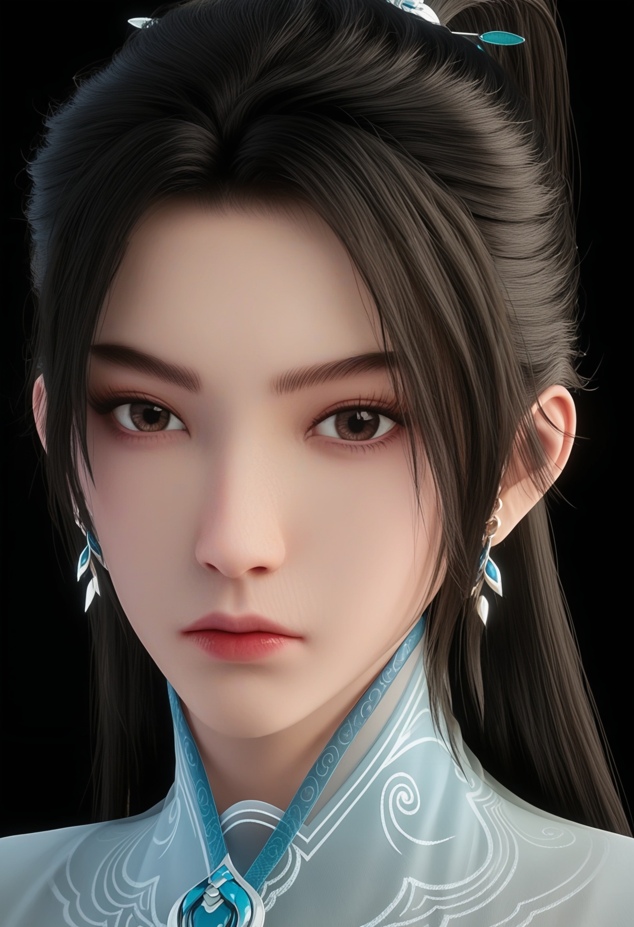 (cowboy shot:1.2),score_9,score_8_up,masterpiece,(best quality),intricate details,1girl,facing viewer,(looking at viewer:1.1),<lora:YQ_pony_ningyao3.0_V6:0.95:lbw=1,1,1,1,1,1,1,1,1,0.8,0.8,0.1>,q1528437228,1girl,solo,long hair,jewelry,earrings,chinese clothes,white dress,ponytail,black hair,long sleeves,brown hair,hair ornament,brown eyes,black footwear,pants,hair bun,sheath,hair ribbon,BREAKscore_9,score_8_up,masterpiece,(best quality),perfect anatomy,(hourglass),perfect face,(simple background,pure black background,black background:1.1),fair_skin,shiny_skin,Ivory_skin,