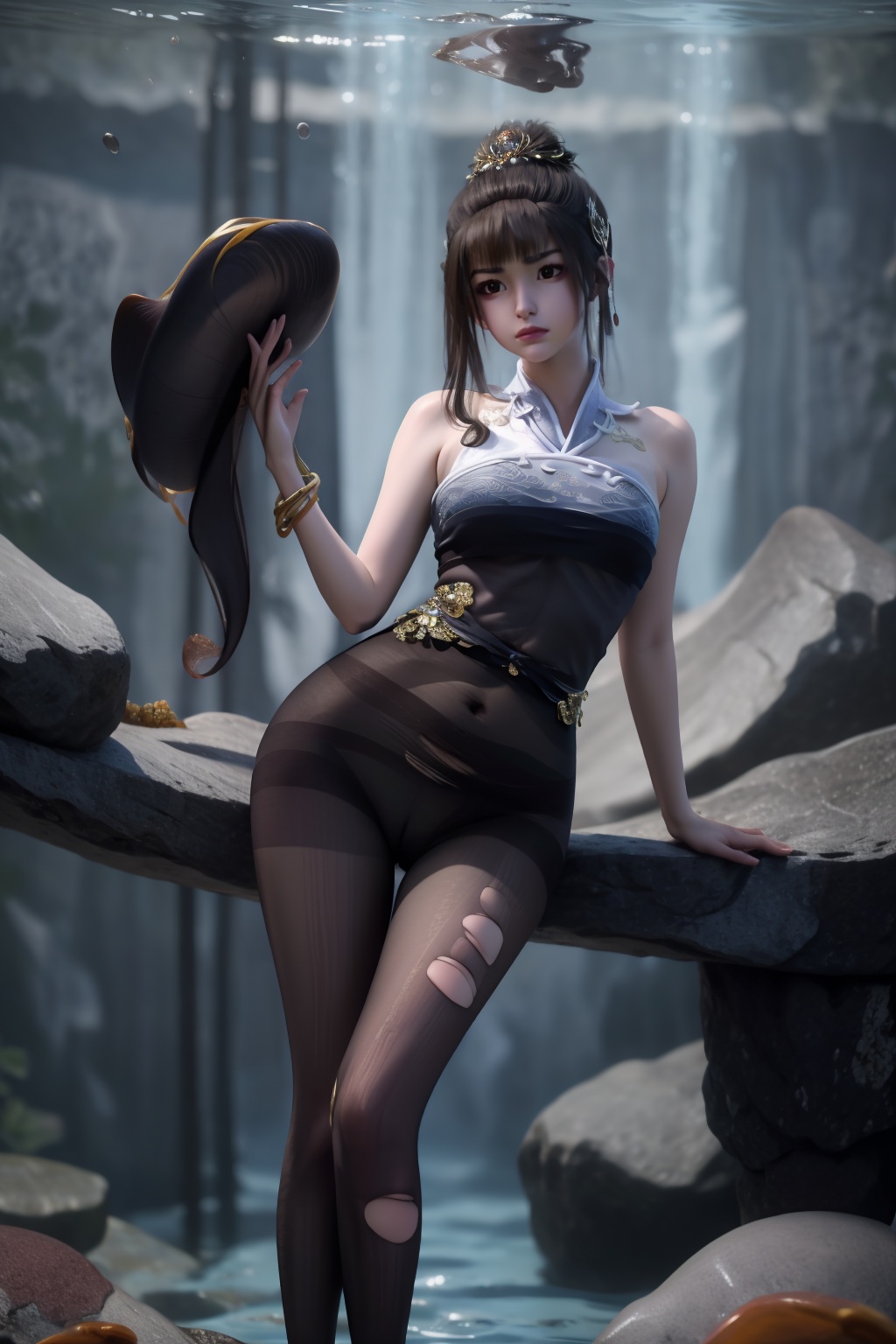 1girl,underwater,submerged,floating hair,air bubble,holding breath,see-through,masterpiece,best quality,highly detailed,fish,(wide hip:1.2),jellyfish,earrings,hair ornament,sea weed,coral reef,shark,sea turtle,sexy pose,chinese dress,chinese clothes,huge breasts,black pantyhose,(looking at viewer:1.2),sitting,(spread legs),perfect cameltoe,(torn pantyhose),