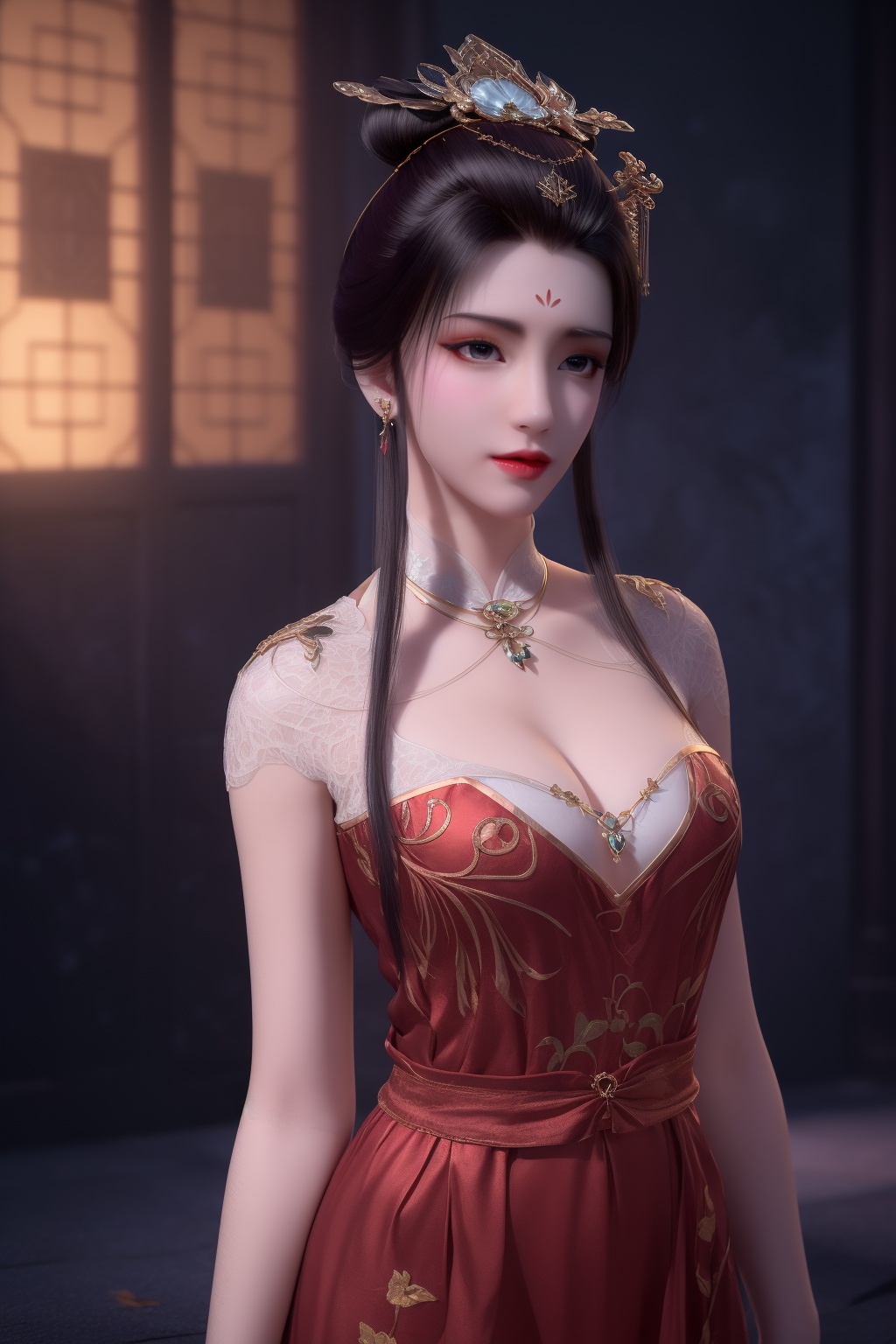 photo_\(medium\),(8k, RAW photo, best_quality),(masterpiece:1.2),(realistic:1.2),(photorealistic:1.3),(ultra-detailed),(extremely_detailed_cg_8k_wallpaper),(crystal_texture_skin:1.3),(shiny:1.2),(shiny_skin:1.4),(extremely_delicate_and_beautiful),petals,flower,sky,cherry blossoms,falling petals,shenfengBaiHeHuaiSecondCothing,1girl,solo,dress,chinese clothes,cleavage cutout,torogao,red lips,breasts,standing,jewelry,hair ornament,earring,necklace,realistic,looking at viewer,<lora:shenfengBaiHeHuaiSecondCothing_20240706003200-000004:0.7>,