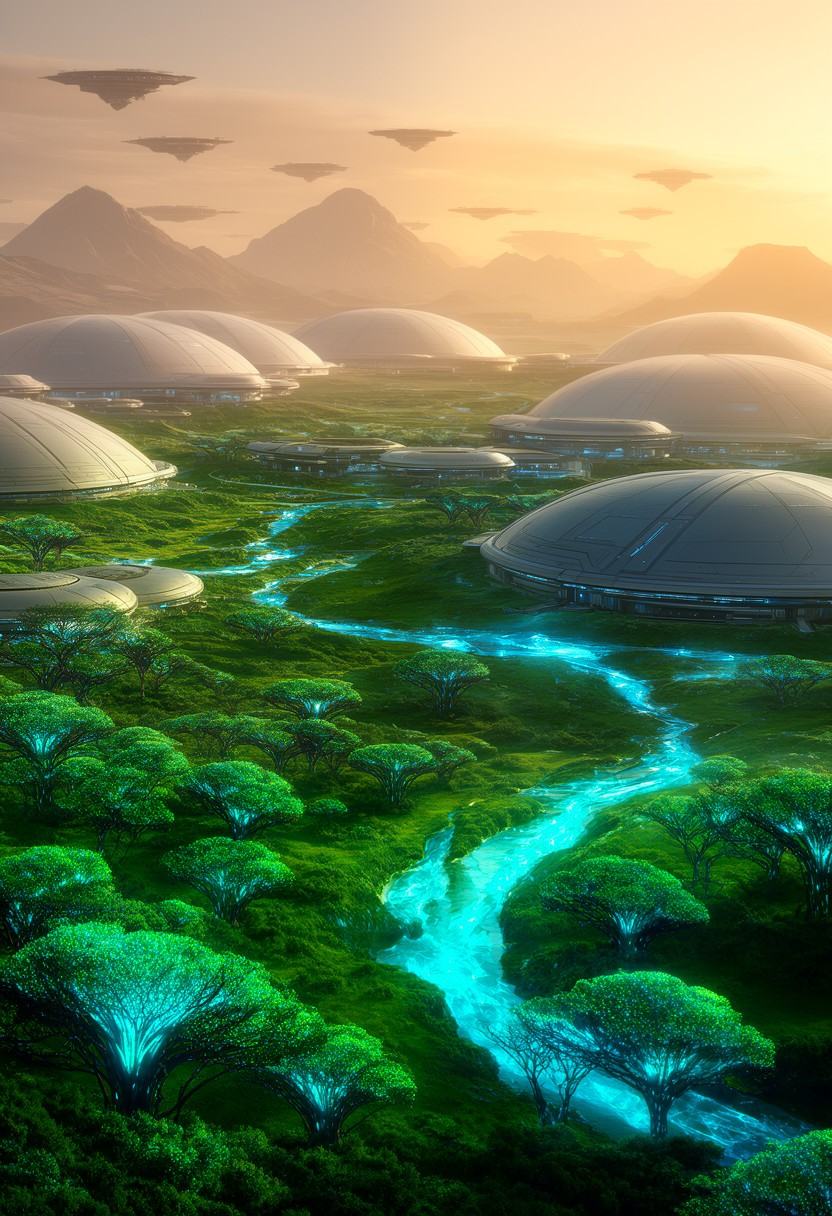 starcity_alpha,  wide establishing shot of a planetary colony,  massive domes surrounded by terraformed green valleys on T...