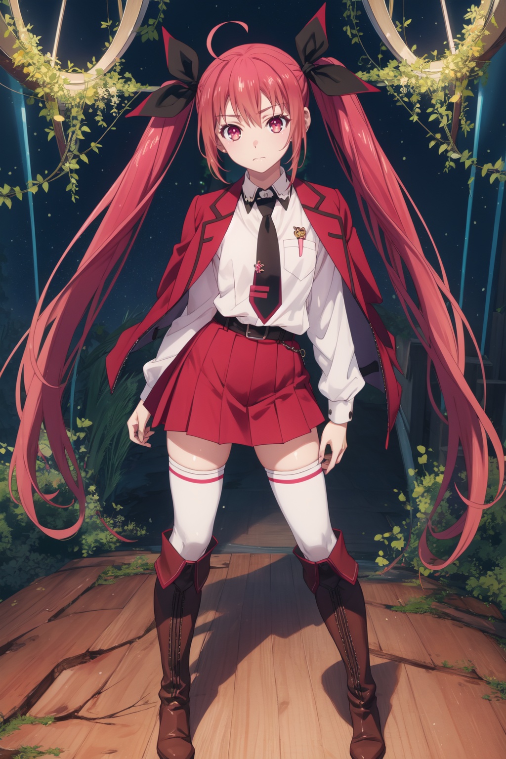 <lora:Kotori-000010:0.8>,Kotori cyql,1girl,looking at viewer,solo,twintails,red hair,ahoge,long hair,ribbon,hair ribbon,red eyes,school uniform,white shirt,jacket on shoulders,necktie,skirt,thighhighs,boots,thigh boots,Sad, downturned mouth, drooping eyelids, and furrowed brow.,panorama,beautiful face,beautiful eyes,glossy skin,shiny skin,Ruins, Jungle, Trees, Vines, Moss, History, Mystery, Exploration,(Grapevines, Harvested grapes, Vineyard rows, Wooden barrels, Harvest festival, Golden hour:0.6),beautiful detailed sky,beautiful detailed glow,posing in front of a colorful and dynamic background,masterpiece,best quality,beautiful and aesthetic,contrapposto,female focus,wallpaper,fashion,