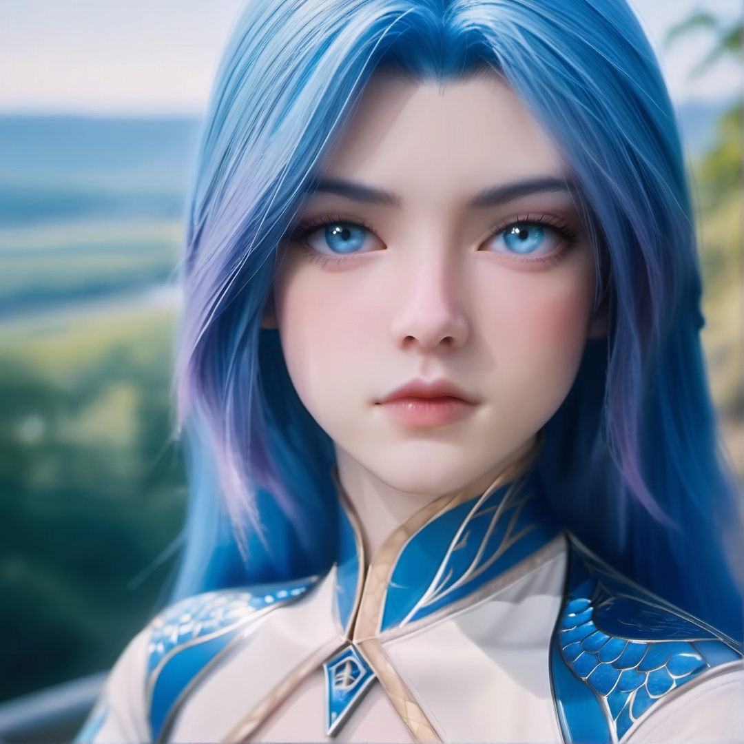 1girl,solo,long hair,blue hair,gradient hair,blue eyes,dress,looking at viewer,outdoors,very beautiful scenery,morning,glow,backlighting,retro film filter,fuji negative film filter,close-up,Highly detailed,(ultra-detailed),(best quality,masterpiece:1.5),<lora:斗罗大陆2绝世唐门-王秋儿XL:0.85>,