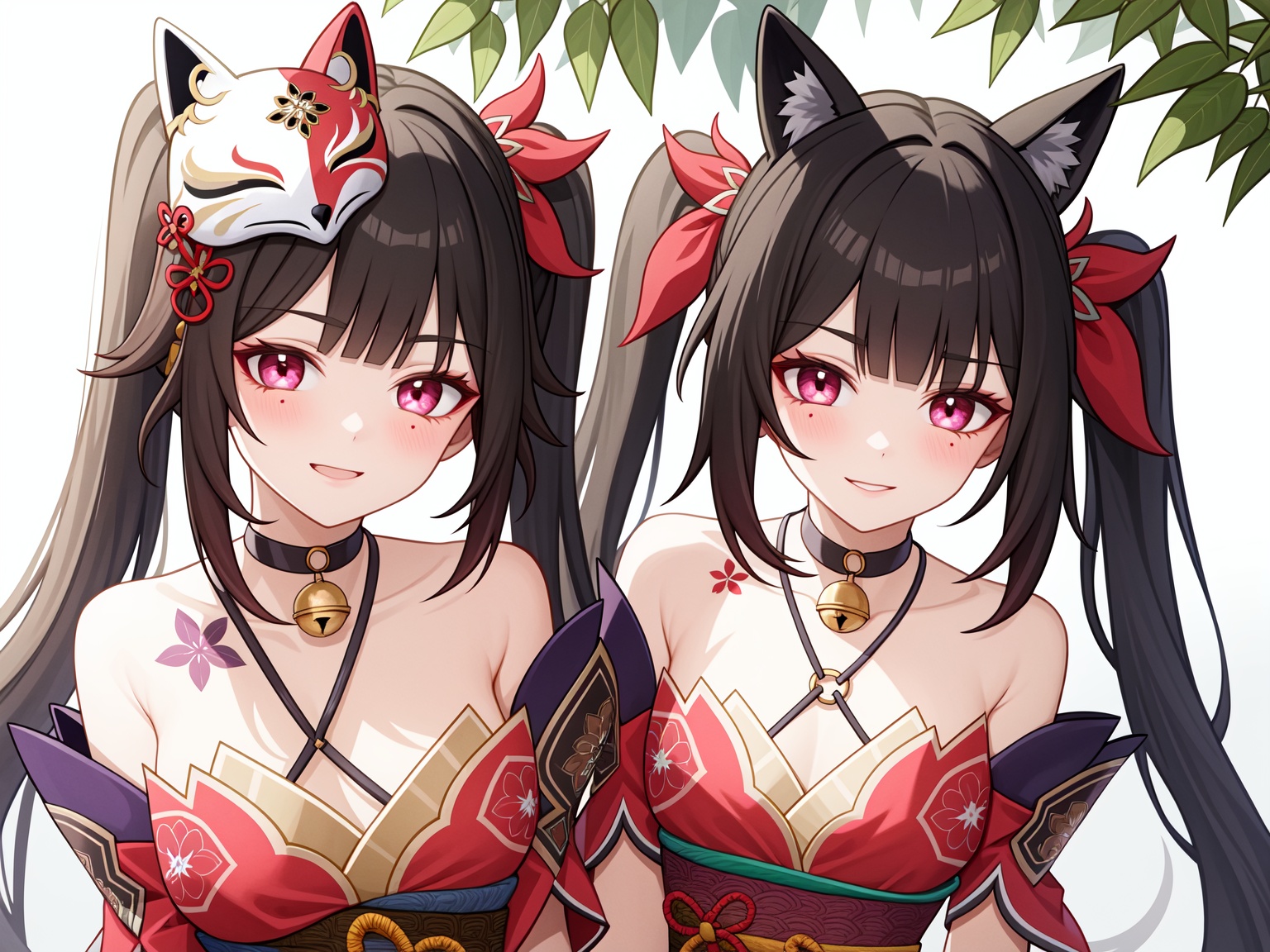 <lora:nai画风:0:lbw=paint>,<lora:花火v5:1:lbw=char>,2girls,huahuo,twintails,fox mask,red kimono,mask on head,black gloves,detached sleeves,choker,high quality,jingle bell,tattoo,( dynamic angle:1.2),(dappled sunlight on her:1.25),(Tyndall effect:1.1),light on face,hdr,bloom,An epic scene,best light,best illustration,looking at viewer,, (masterpiece,best quality,high quality:1.4),absurdres,