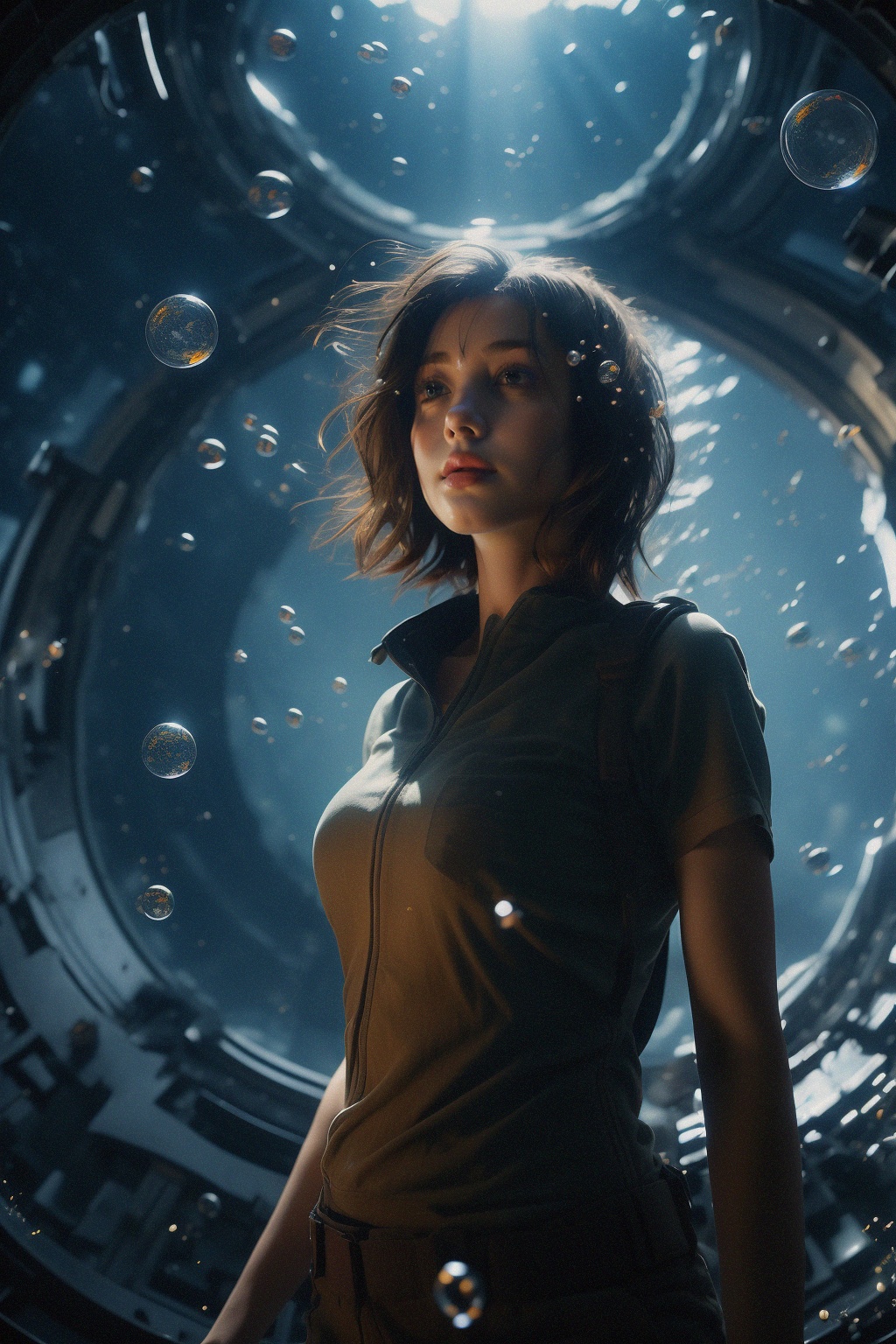 A girl with short hair,shenkong, Flowing light, bubbles，light particles，<lora:shenkong-000008:0.7>，Earth