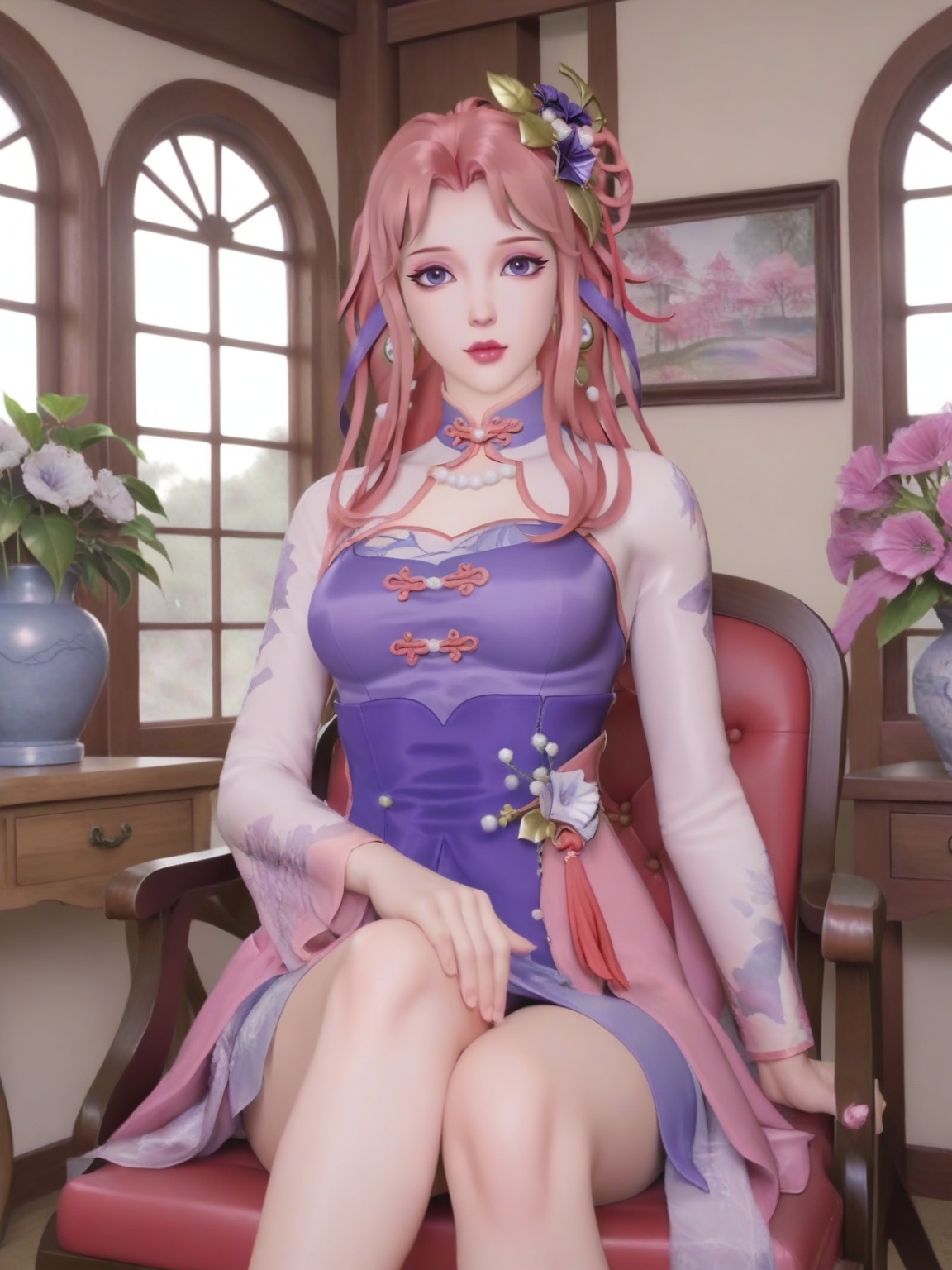 score_9,<lora:SF_WangZhaoJun2_QQZ_Pony_Realism2.3-000003:0.73>,1girl,SFWangZhaoJun,breasts,looking at viewer,dress,hair ornament,pink hair,lipstick,makeup,eyelashes,eyeshadow,hair flower,hair ribbon,long sleeves,solo,cross legs,full shot,cowboy shot,sitting,ribbon,tassel,chair,window,indoors,flower flower pot,