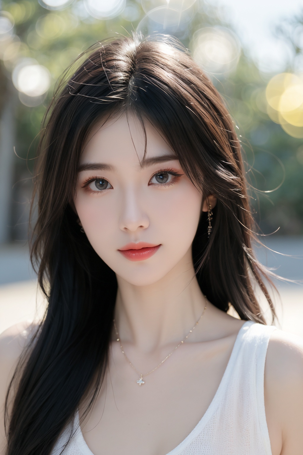 1girl, black hair, blurry, blurry background, bokeh, depth of field, jewelry, lens flare, lips, long hair, looking at viewer, necklace, outdoors, sleeveless, solo <lora:美女:0.8>