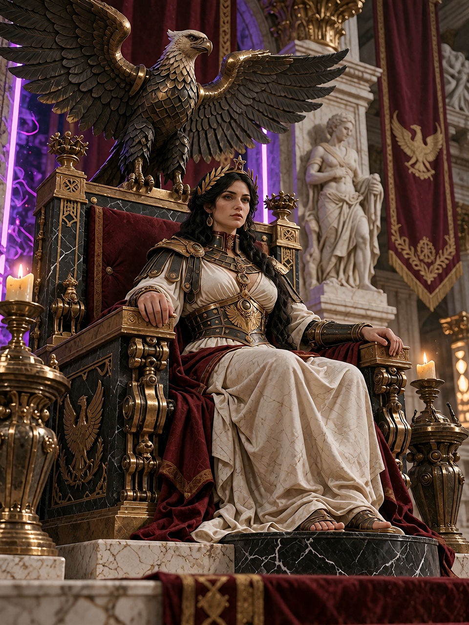 An extraordinarily beautiful Roman empress seated on a monumental black marble throne,  wearing a magnificent white silk g...