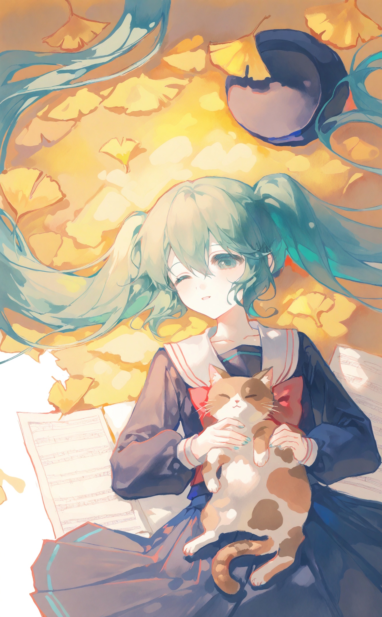 best, 1girl, hatsune miku, cat, long hair, green hair, one eye closed, green eyes, very long hair, twintails, paper, sheet music, solo, lying, on back, long sleeves, sailor collar, absurdly long hair, school uniform, bowtie, skirt, serafuku, animal, red bow, looking at viewer, bow, hat, leaf, red bowtie, hair between eyes, shirt, blue shirt, parted lips, autumn leaves, blue skirt, white sailor collar, papers, ginkgo leaf, unworn headwear, pleated skirt, neckerchief, black skirt, holding, upper body, black cat, blue serafuku, unworn hat, hair spread out, petting, red neckerchief, sidelocks, black serafuku, from above, blush, collarbone, autumn, glasses, closed mouth, black shirt, black headwear, blue headwear, holding paper, puffy long sleeves, round eyewear, open mouth, dress, falling leaves, holding animal, smile, holding cat, puffy sleeves<lora:lp49-000022:0.9>
