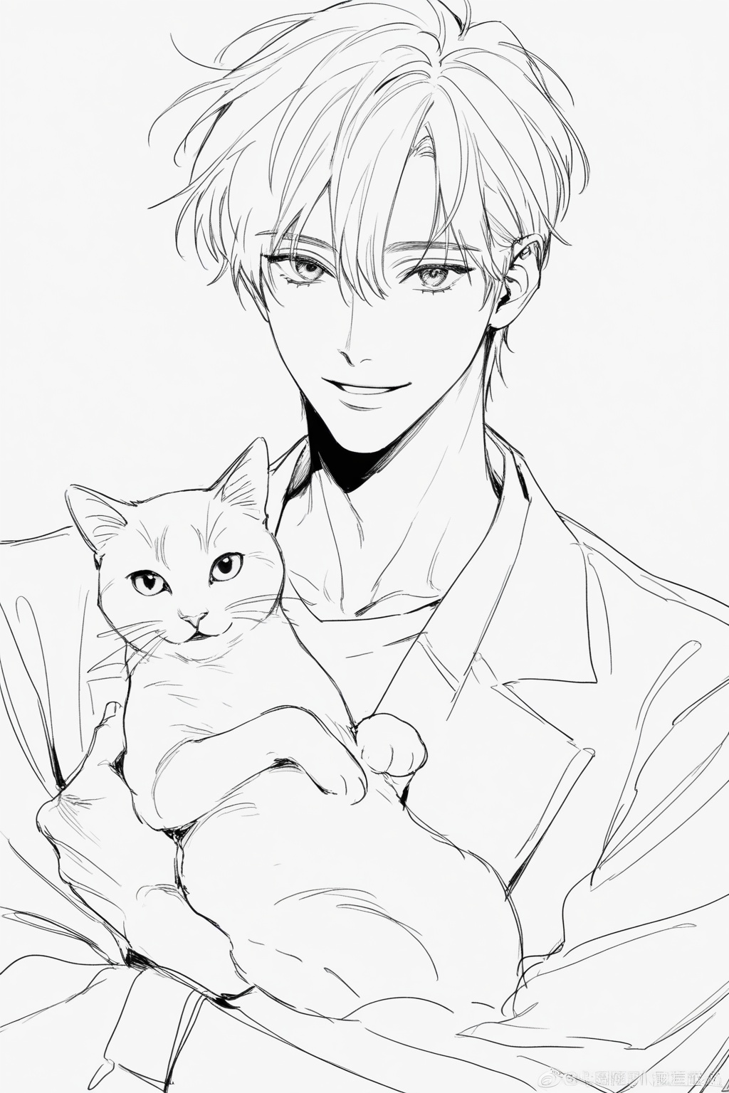 solo,looking at viewer,simple background,1boy,white background,upper body,male focus,sketch,greyscale,portrait,front view,short hair,parted lips,looking_at_viewer,holding_cat,smile,