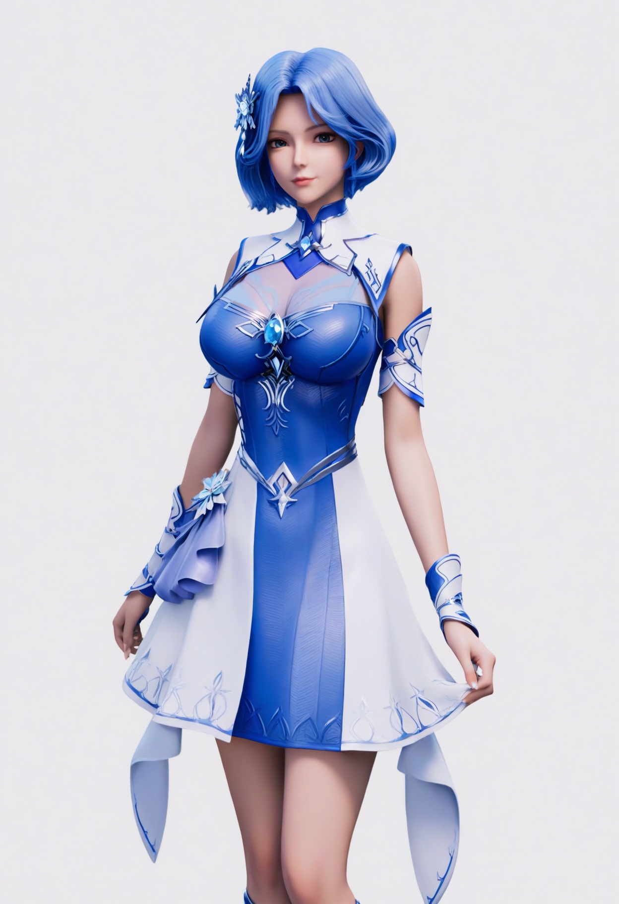 score_9,<lora:SF_LinJiaLu_Pony_Realism2.3-000003:0.7>,1girl,solo,hair ornament,short hair,large breasts,blue hair, dress,standing,looking at viewer,white background,simple background,